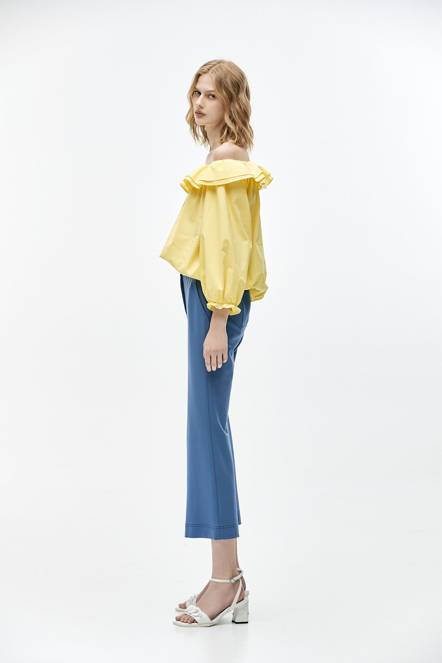 Flounce Collar Yellow TopTop with ruffled design,Tops,Season (SS) Look,Cotton,fashionart