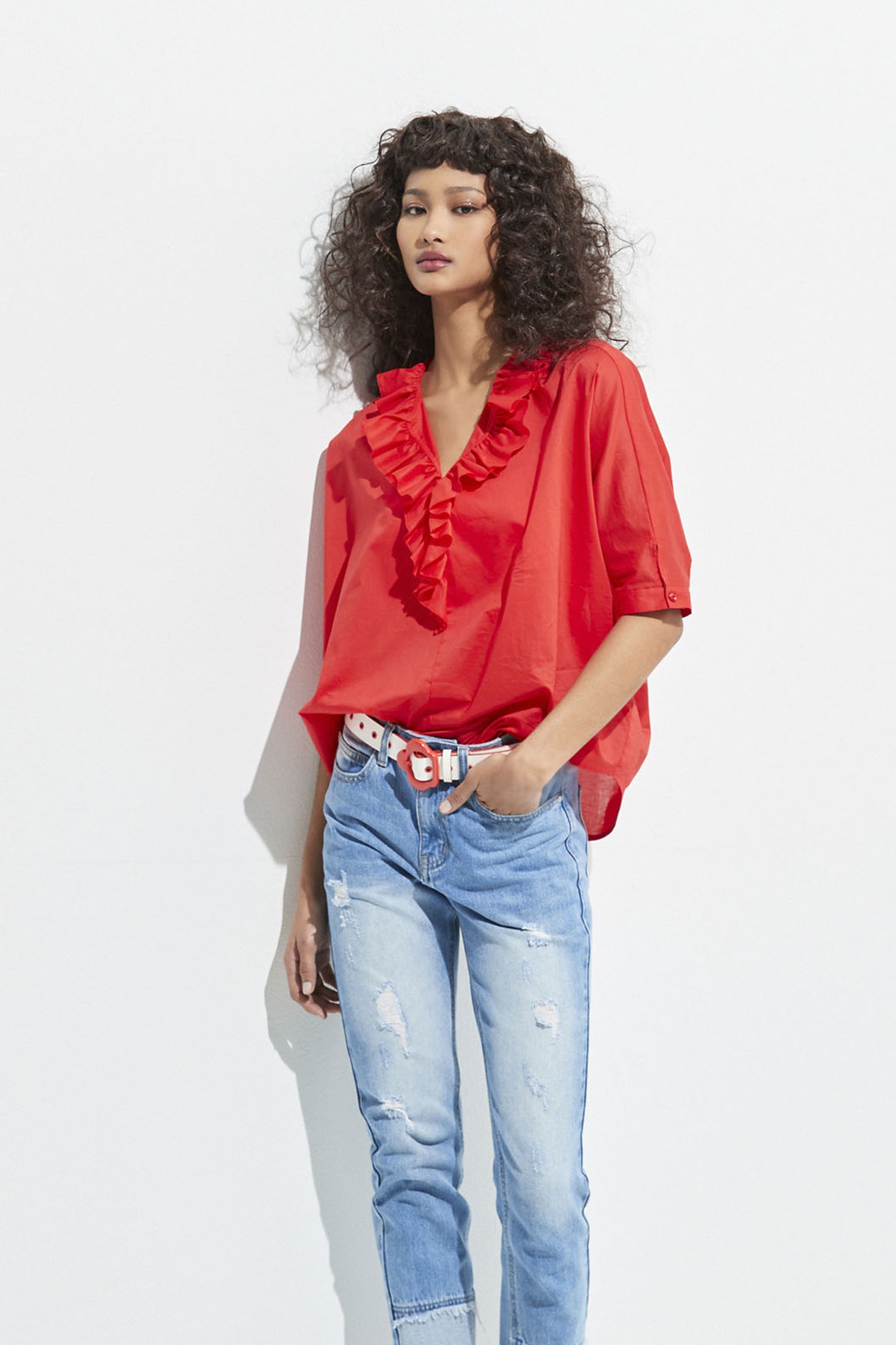 V-neck Ruffle Oversize TopSeductive red top with ruffled collar,Tops,Season (SS) Look,fashionart