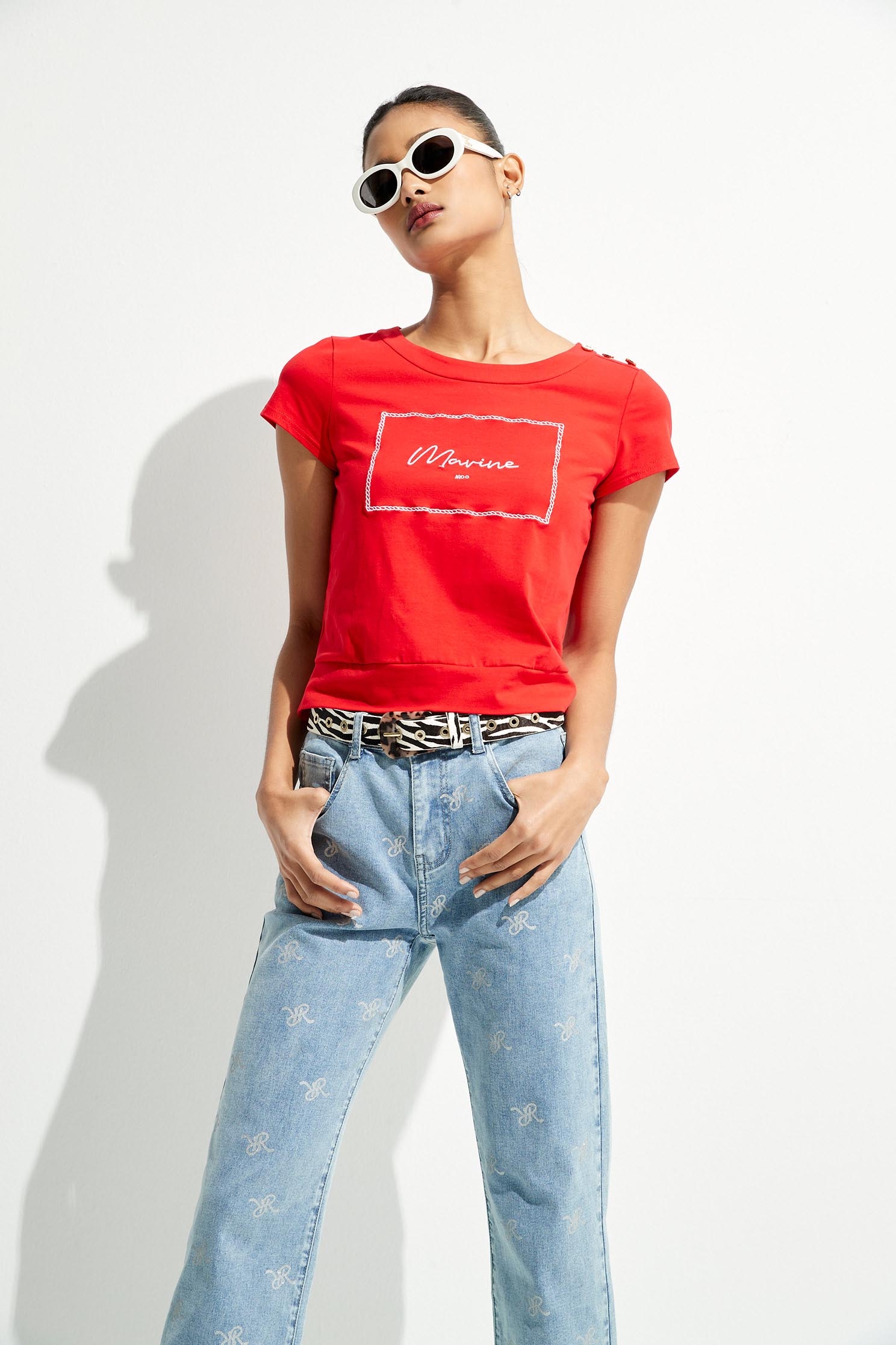 Basic Red Tee With Embroidered SloganEnchanted red T-shirt top with rope embroidery,T-shirts,Tops,Embroidered,Season (SS) Look,mothergift