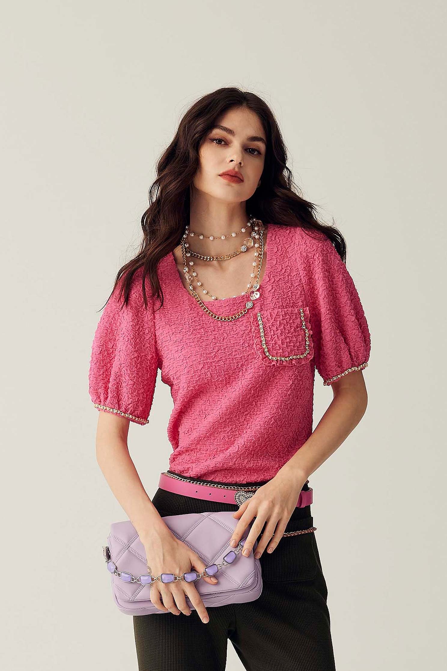 Puff Sleeve Emossed Pink TopPuff Sleeve Emossed Pink Top,Tops,Season (SS) Look,pearl