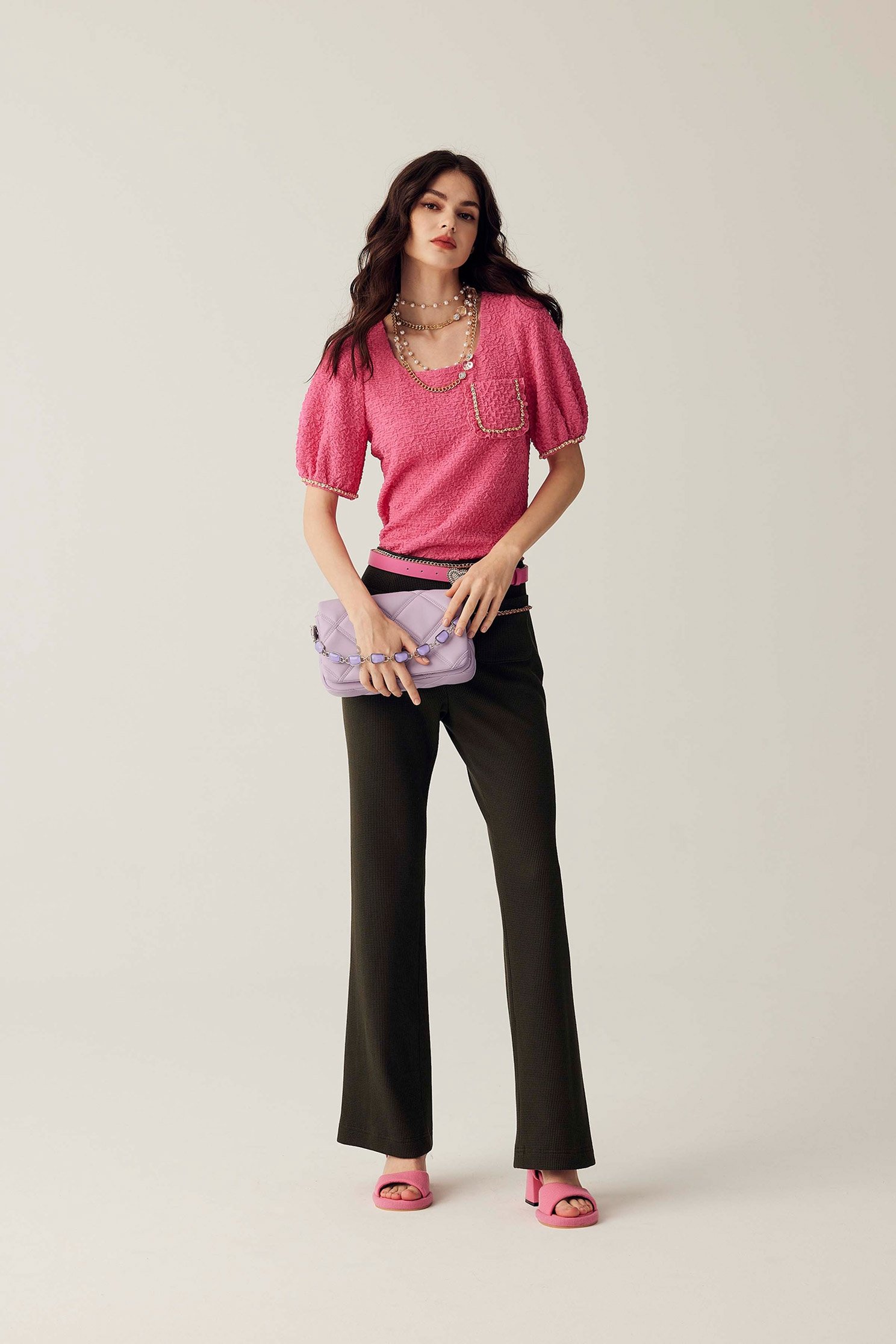 Puff Sleeve Emossed Pink TopPuff Sleeve Emossed Pink Top,Tops,Season (SS) Look,pearl