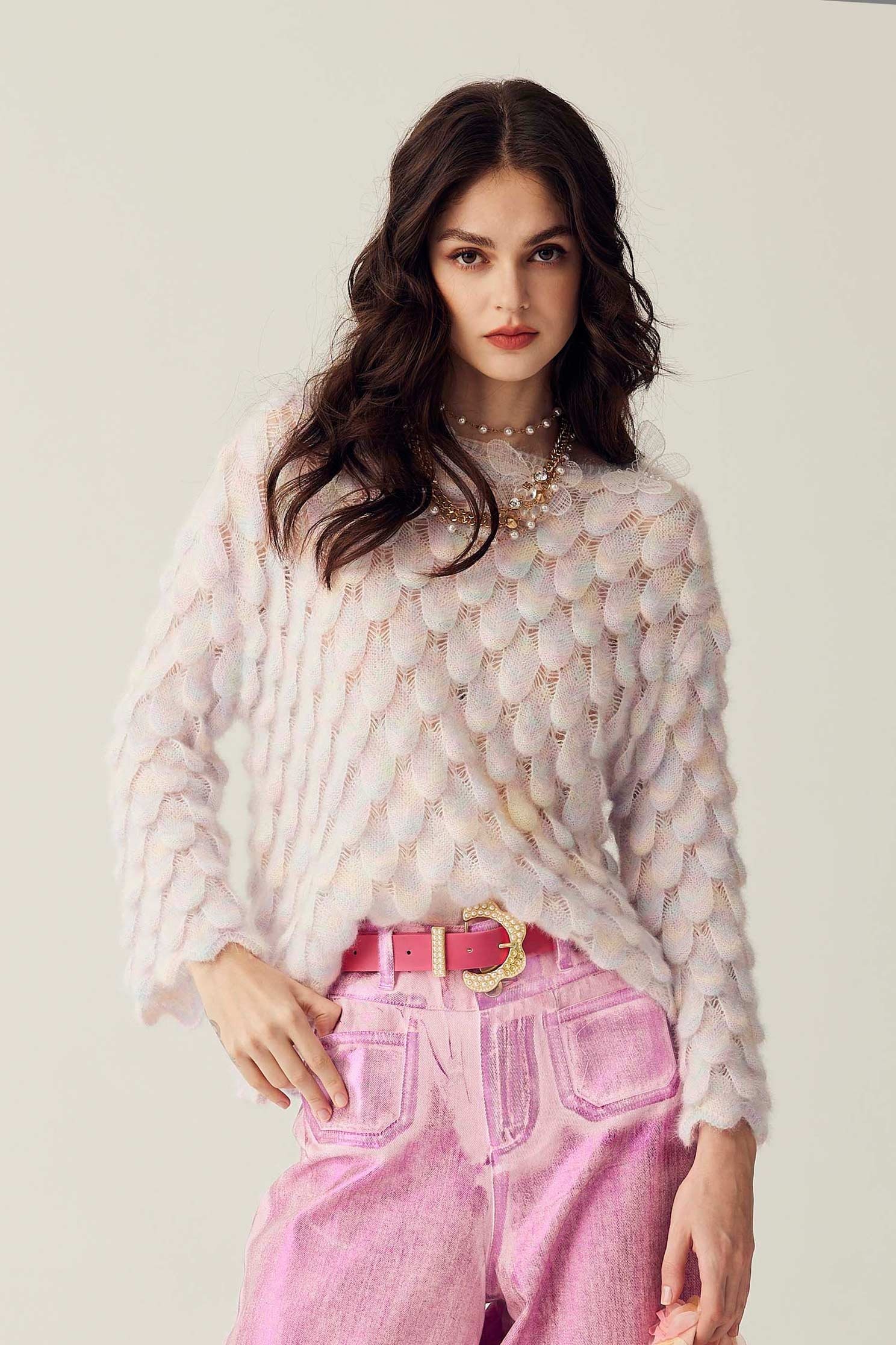 Multi Colour Fish Scale Knit TopMulti Colour Fish Scale Knit Top,Tops,Season (SS) Look,Lace,Knitted,Knitted tops,Knitted tops