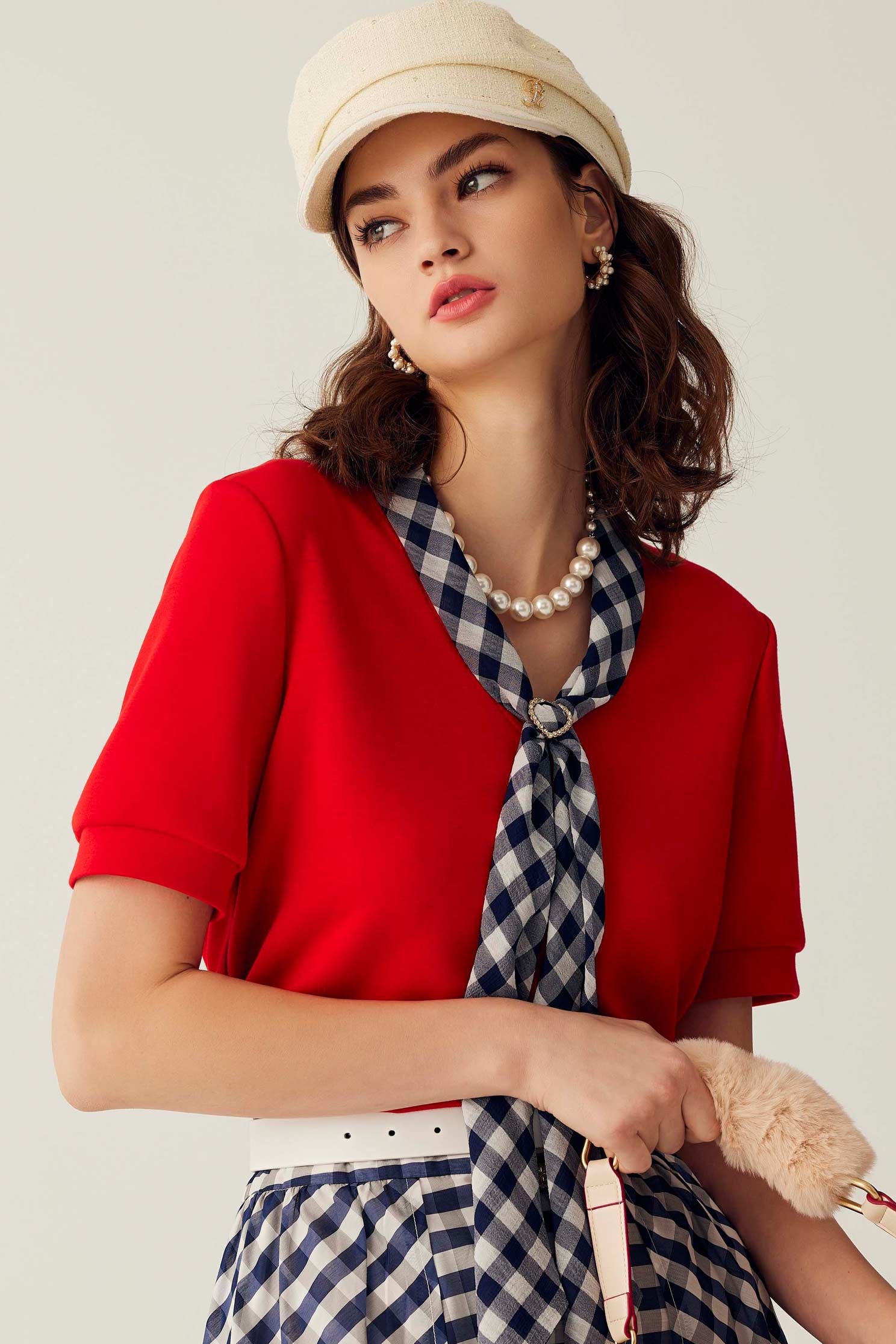 Checkered Scarf Short Sleeve TopCheckered Scarf Short Sleeve Top,Tops,Season (SS) Look,Plaid