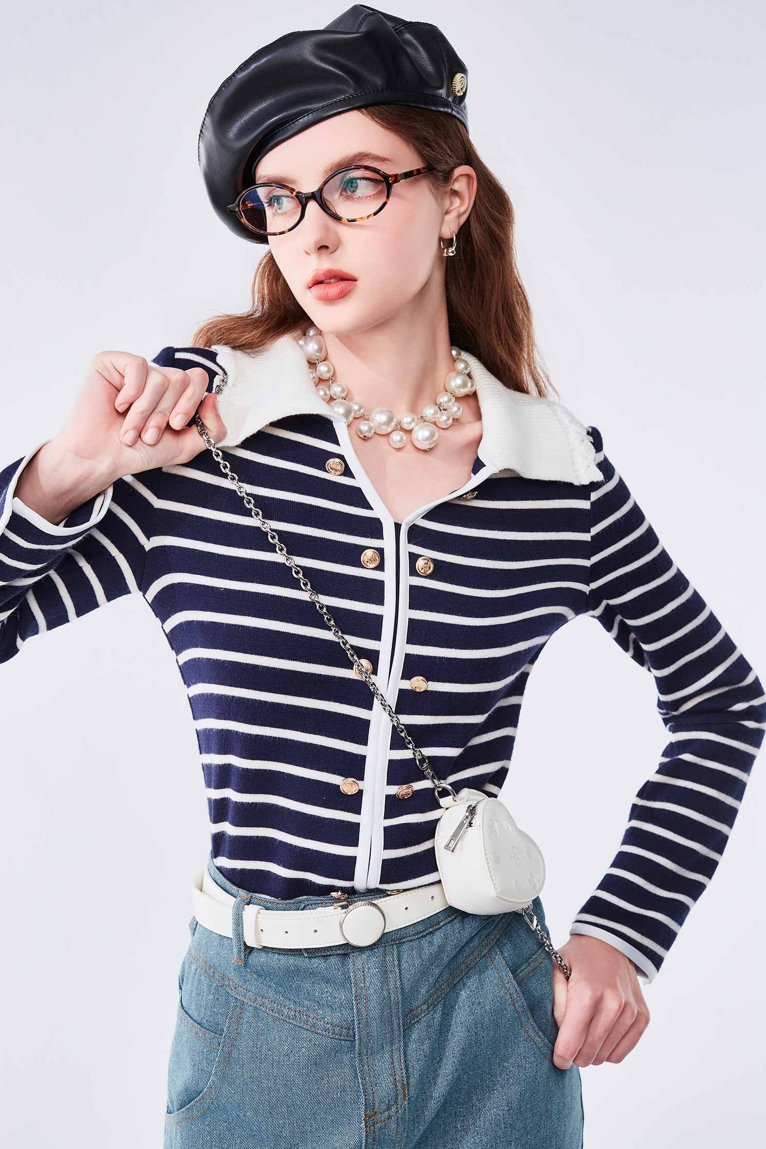 Contrast Collar Stripe Knit TopContrast Collar Stripe Knit Top,Tops,Stripe,Season (AW) Look,Knitted