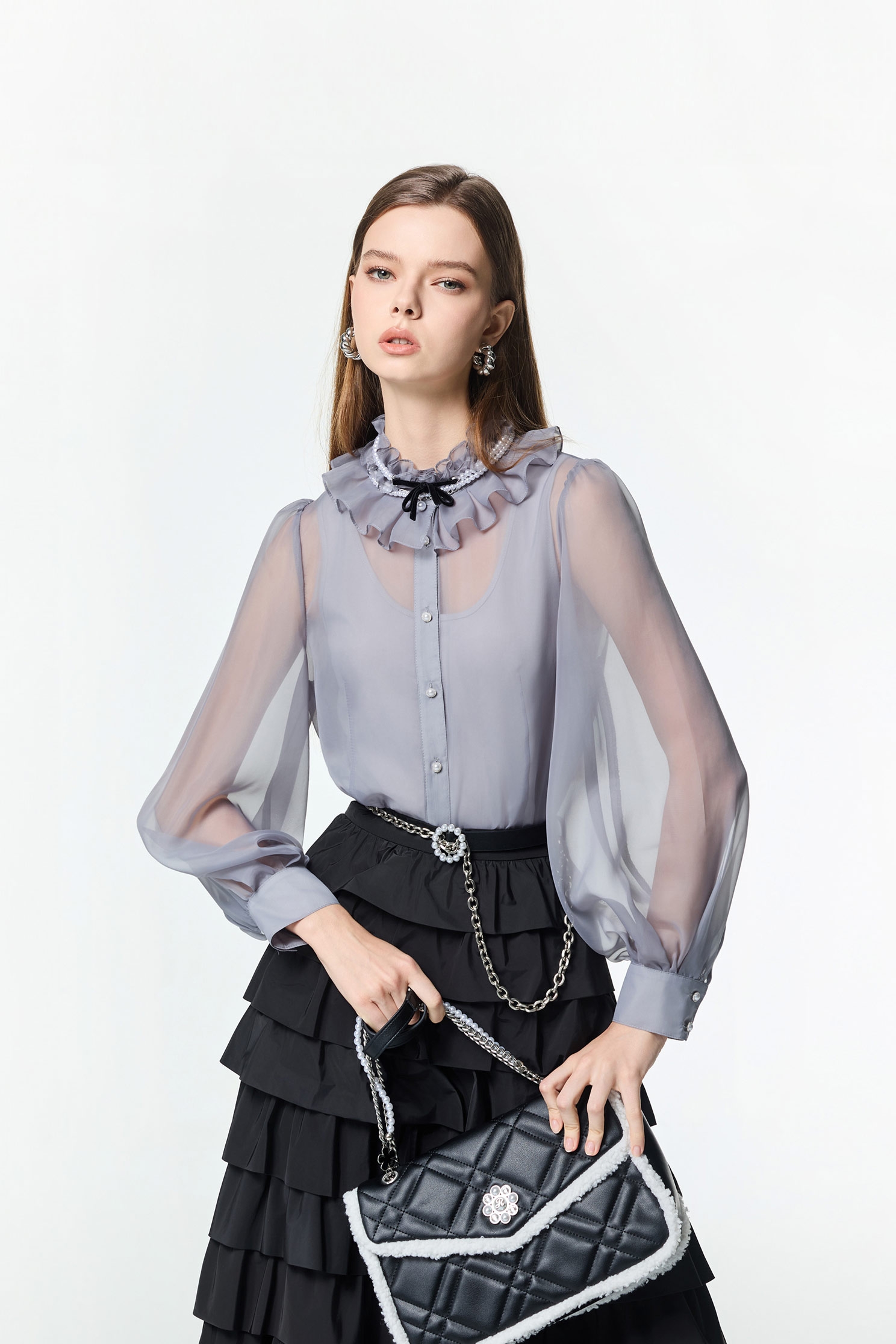 Ruffle Collar Grey Organza TopRuffle Collar Grey Organza Top,Office Looks,Tops,pearl,Season (AW) Look,Valentine