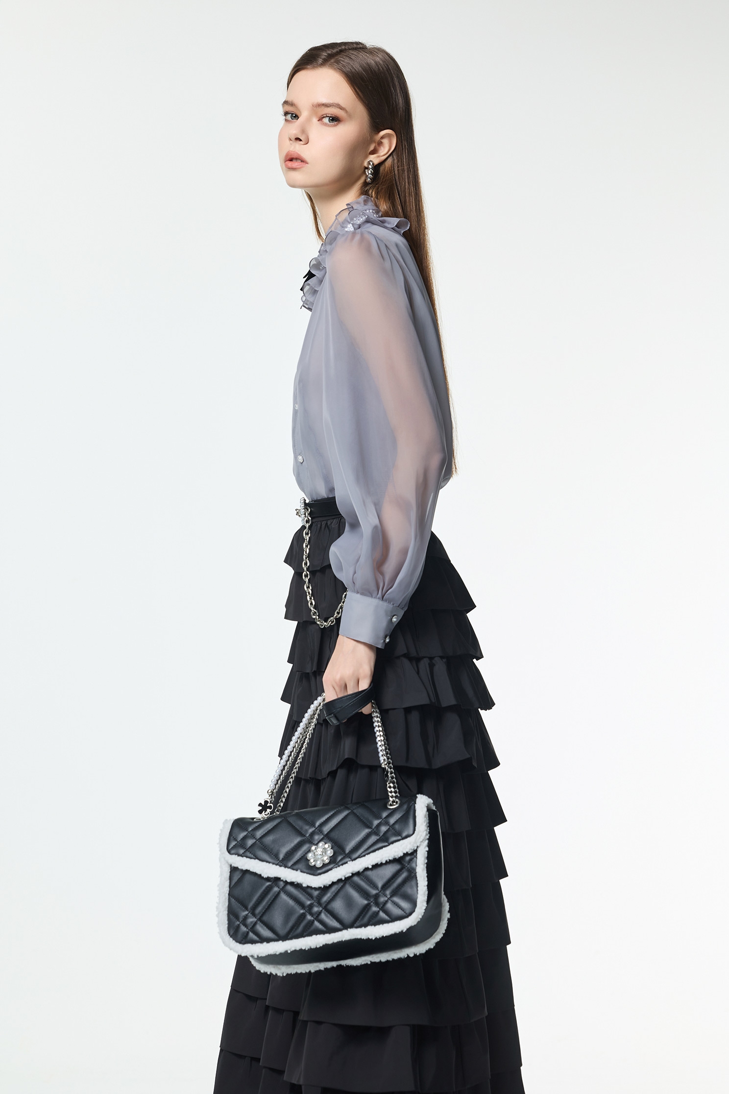 Ruffle Collar Grey Organza TopRuffle Collar Grey Organza Top,Office Looks,Tops,pearl,Season (AW) Look,Valentine