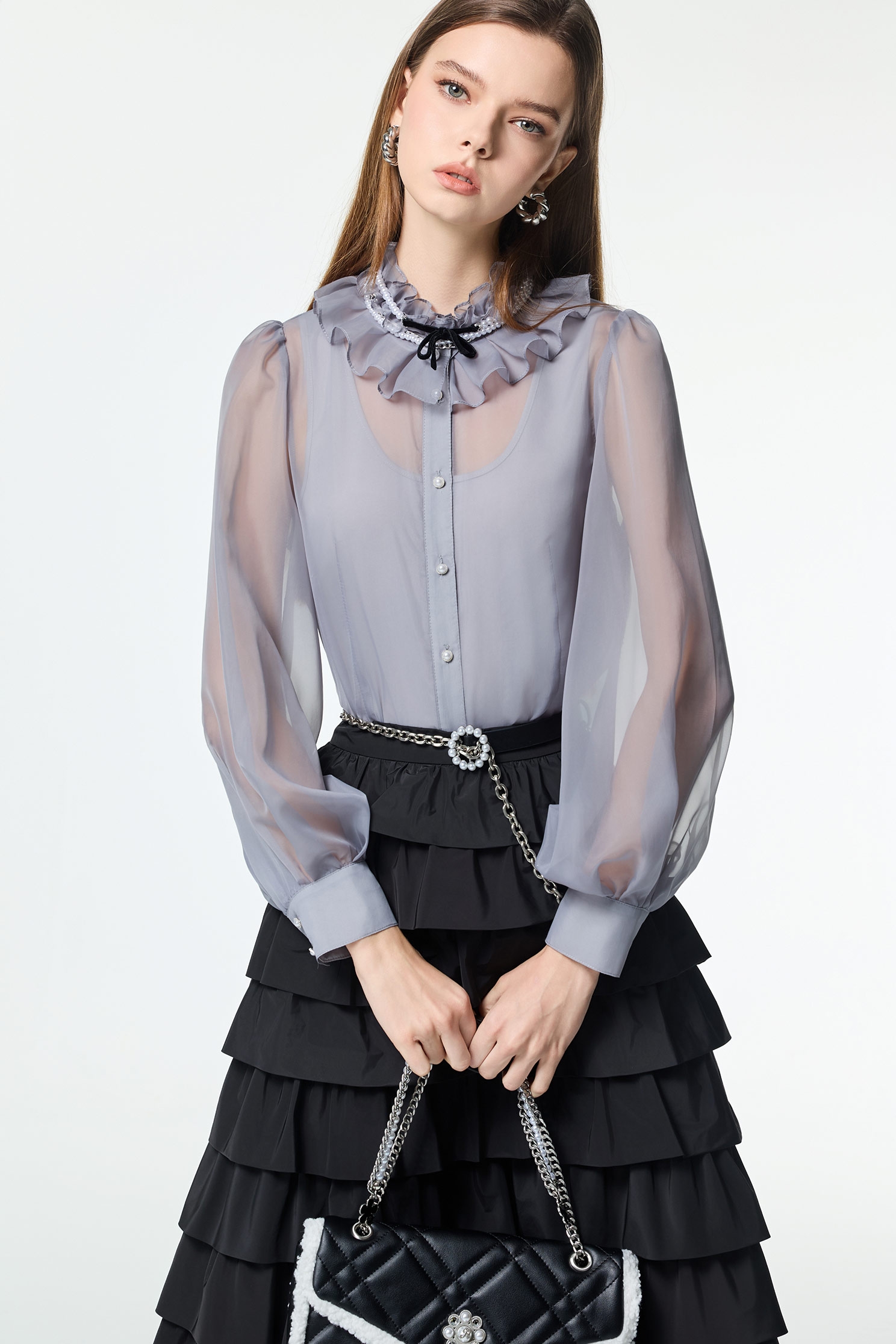Ruffle Collar Grey Organza TopRuffle Collar Grey Organza Top,Office Looks,Tops,pearl,Season (AW) Look,Valentine