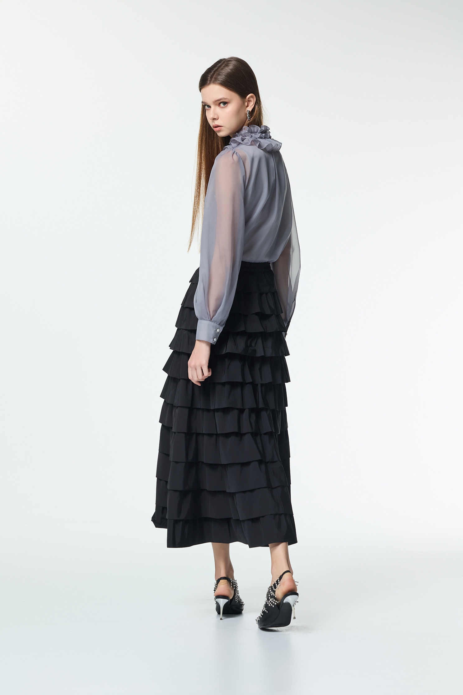 Ruffle Collar Grey Organza TopRuffle Collar Grey Organza Top,Office Looks,Tops,pearl,Season (AW) Look,Valentine
