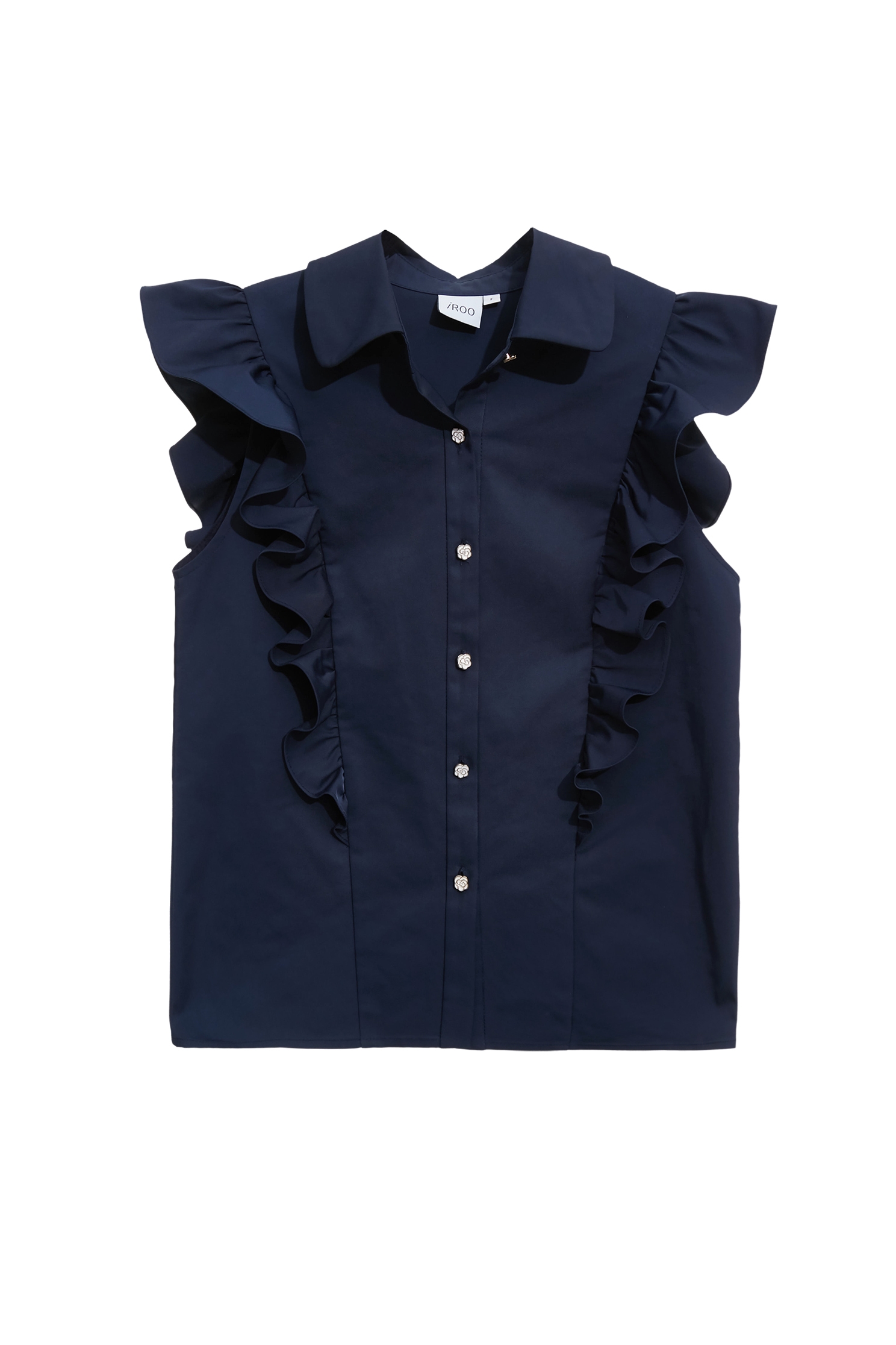 Navy Ruffle Button Front VestNavy Ruffle Button Front Vest,Tops,Season (AW) Look