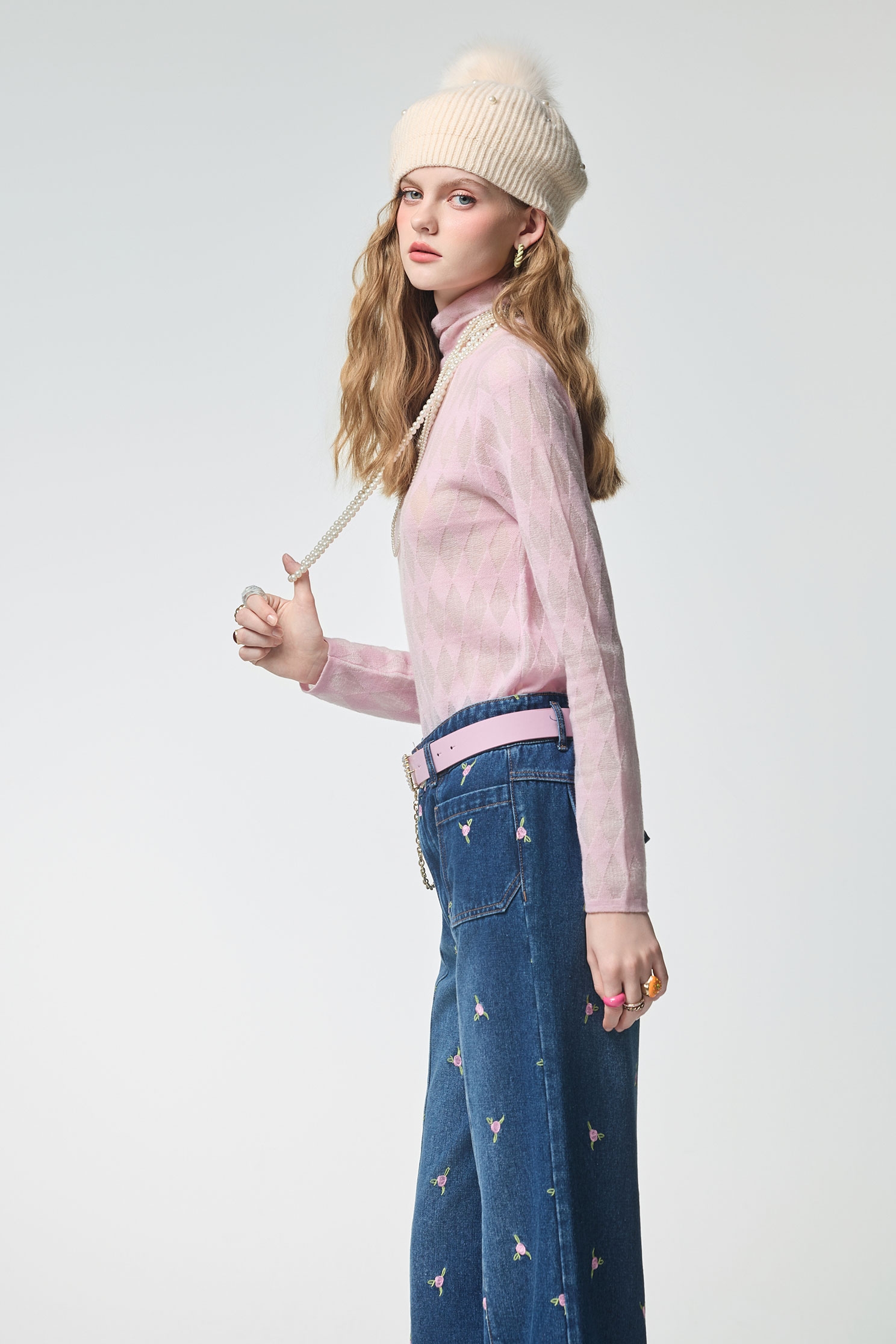 Pink Argyle Pattern Knit TopPink Argyle Pattern Knit Top,Tops,Plaid,Season (AW) Look,Knitted,Knitted tops