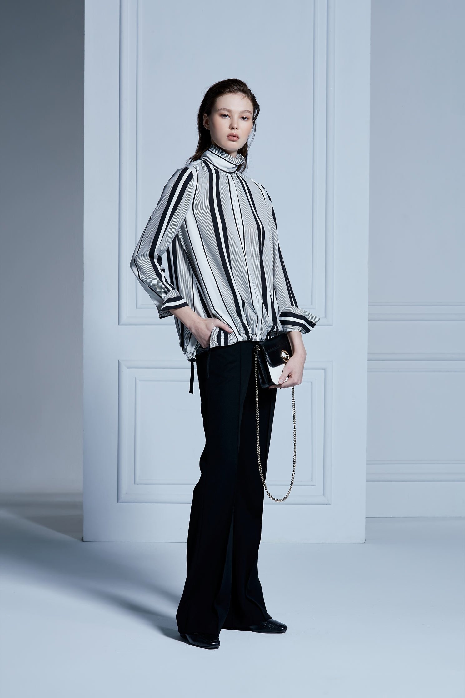 Stripe Printed Long Sleeve TopINVERTED LAPEL COLLAR top,Tops,Rayon,Stripe,Season (AW) Look,Long tops,Long sleeve tops