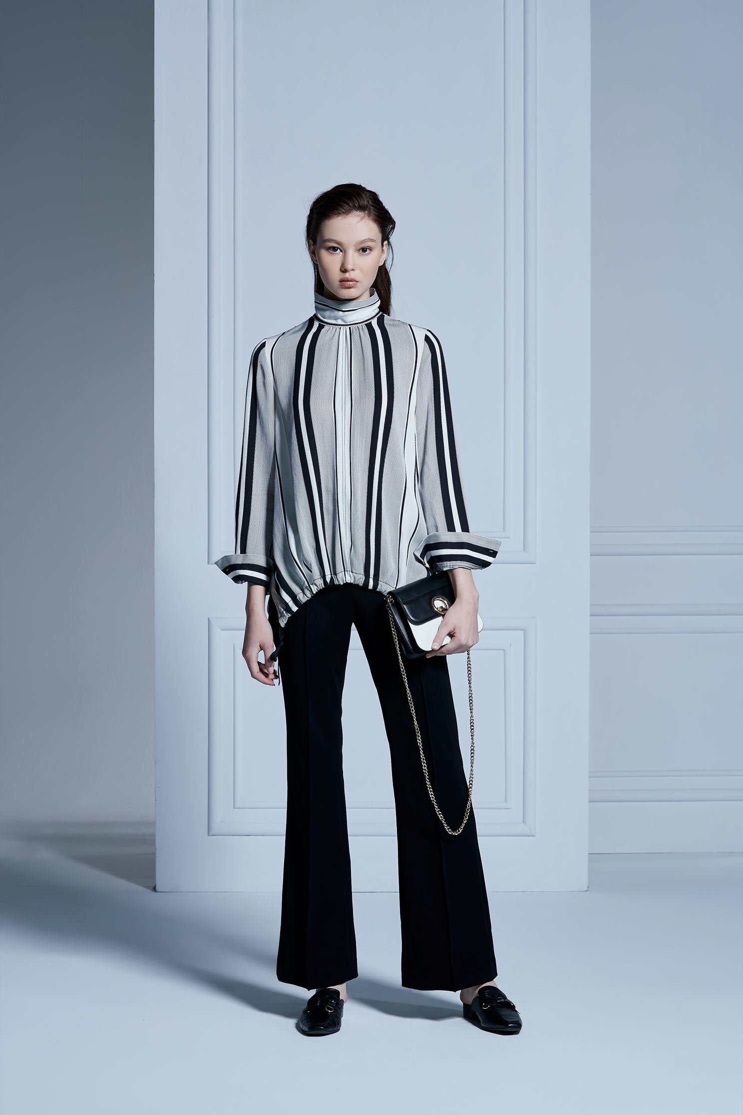 Stripe Printed Long Sleeve TopINVERTED LAPEL COLLAR top,Tops,Rayon,Stripe,Season (AW) Look,Long tops,Long sleeve tops