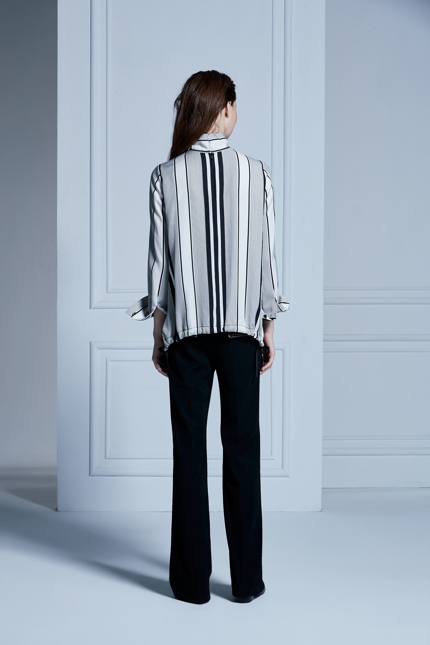 Stripe Printed Long Sleeve TopINVERTED LAPEL COLLAR top,Tops,Rayon,Stripe,Season (AW) Look,Long tops,Long sleeve tops