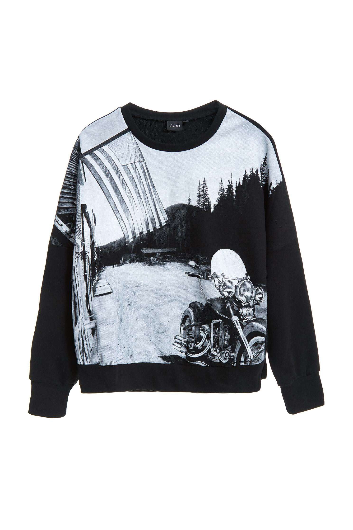 Graphic Print Long Sleeve SweatshirtBlack and white printed clothing,T-shirts,Round neck tops,Season (AW) Look,Cotton,comfotism,Sweaters,Long sleeve tops