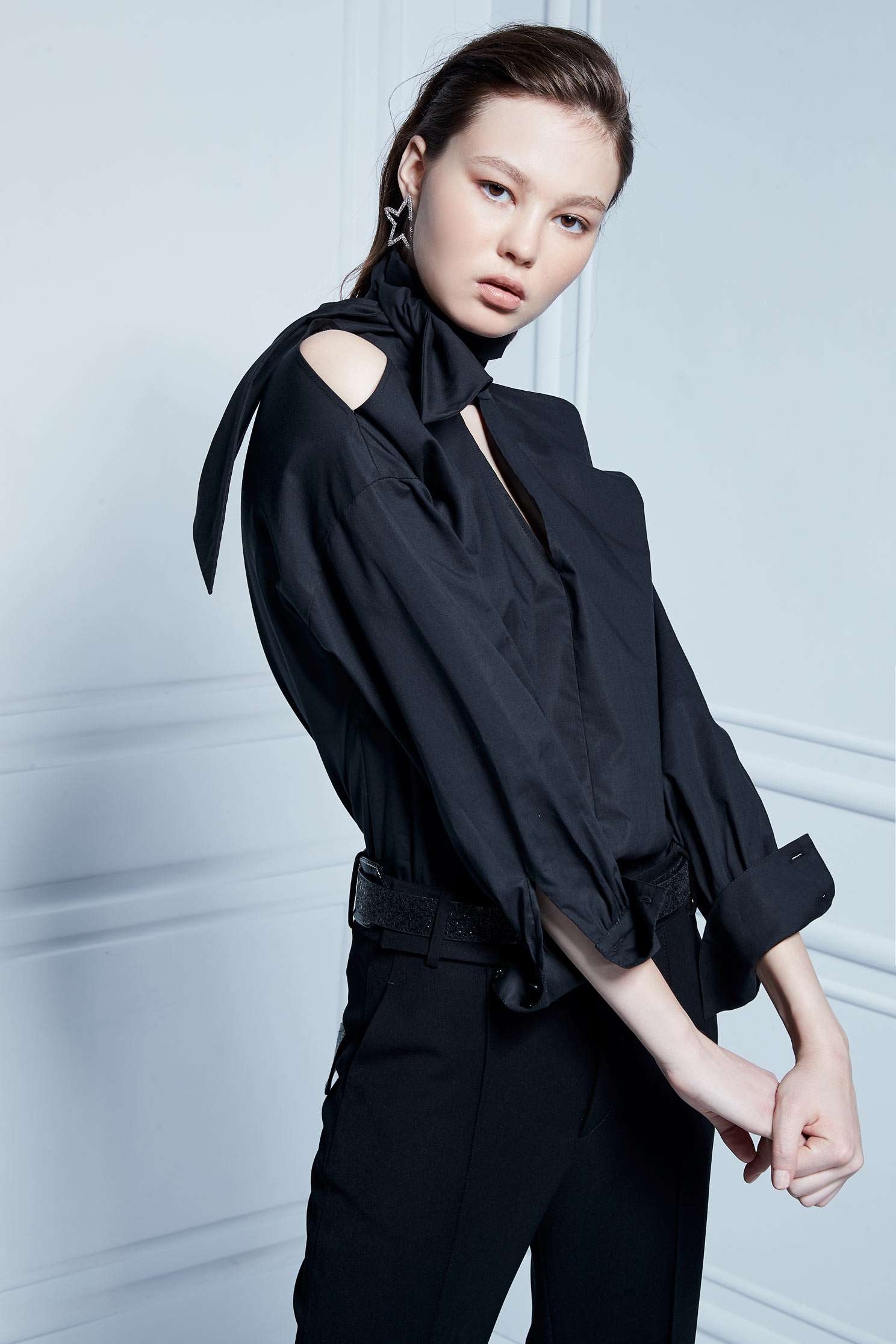 Cold Shoulder Ribbon Collar TopStrap edgy shirt,Asymmetric design tops,Season (AW) Look,Blouses,Long sleeve tops,black tops