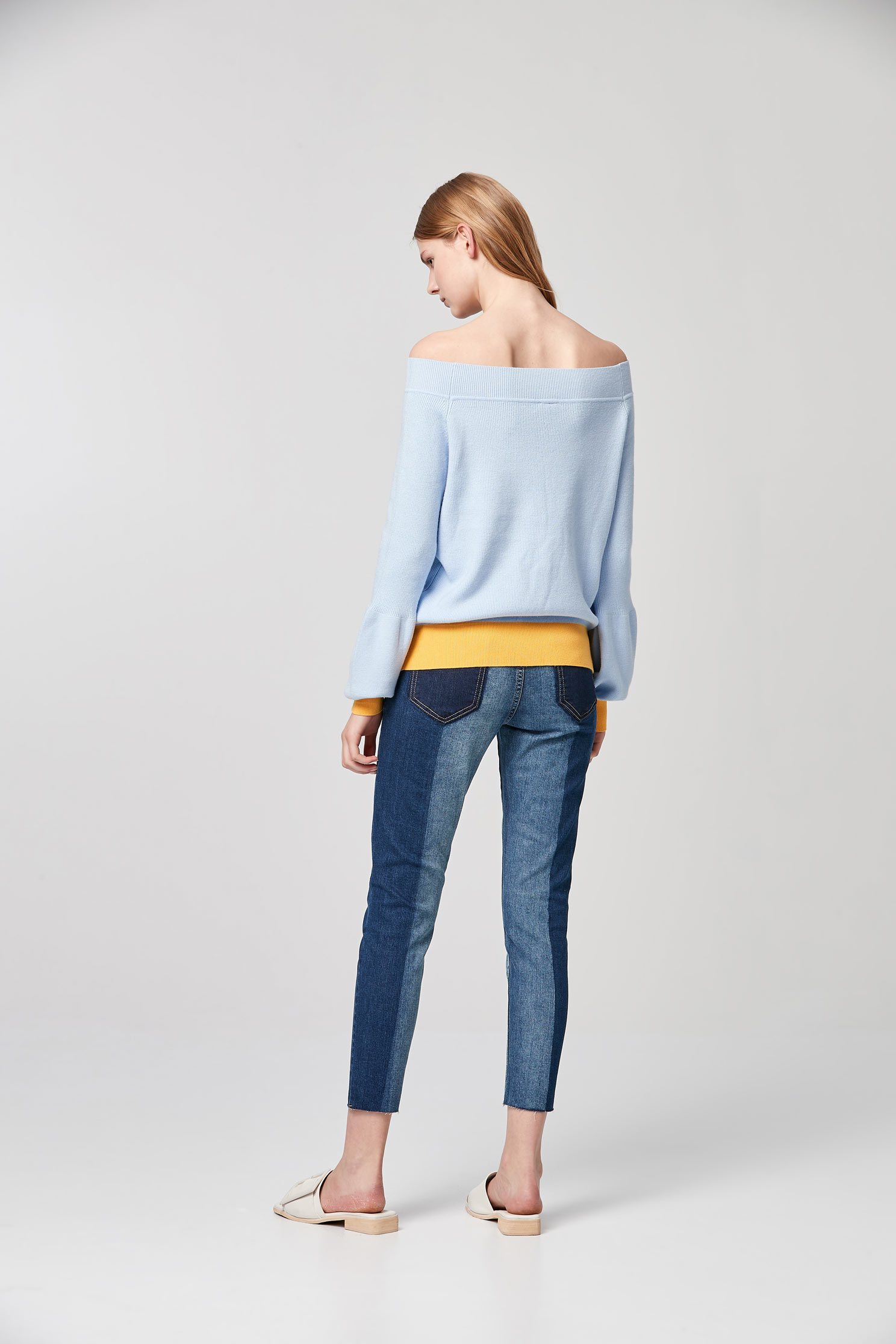 Off shoulder Knit TopLight blue boat collar knitted top,Exposed shoulders tops,Tops,Rayon,Exposed shoulders tops,Season (AW) Look,Knitted,Knitted tops,Knitted tops,Long sleeve tops