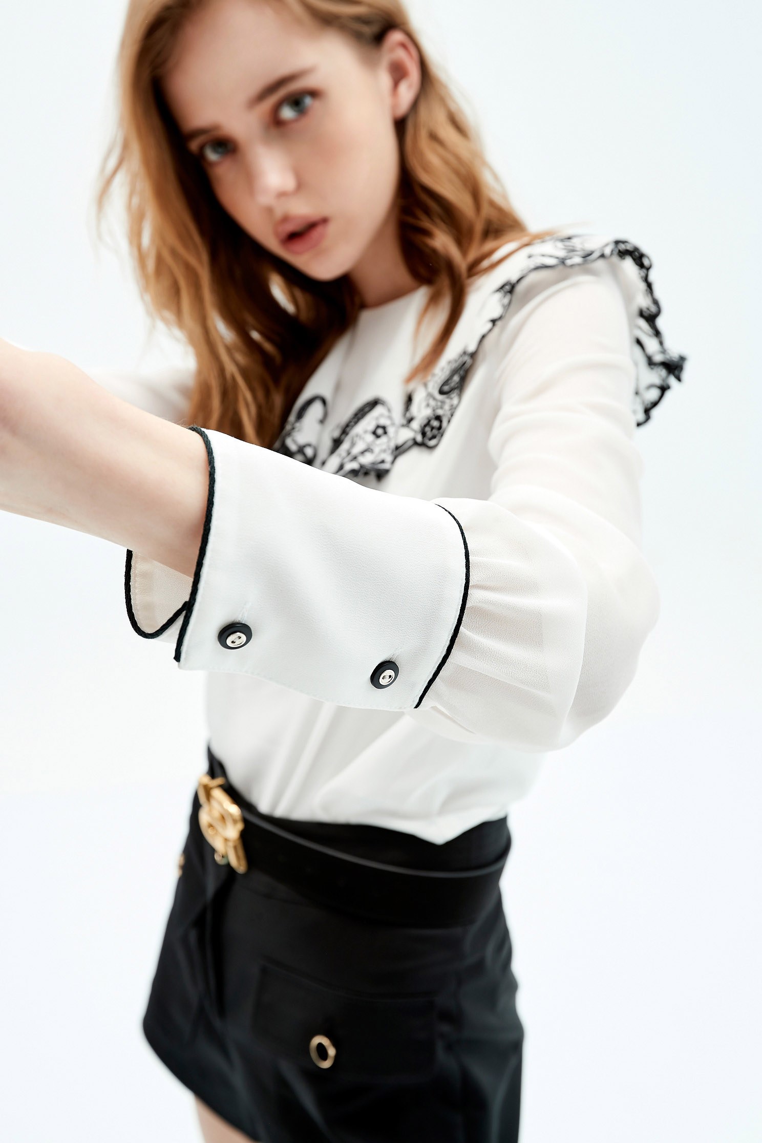 White Bertha Collar Blouse With Cut Out Embroidered DetailParamecium floral embroidered collar top,Tops,Embroidered,Queen,Season (AW) Look