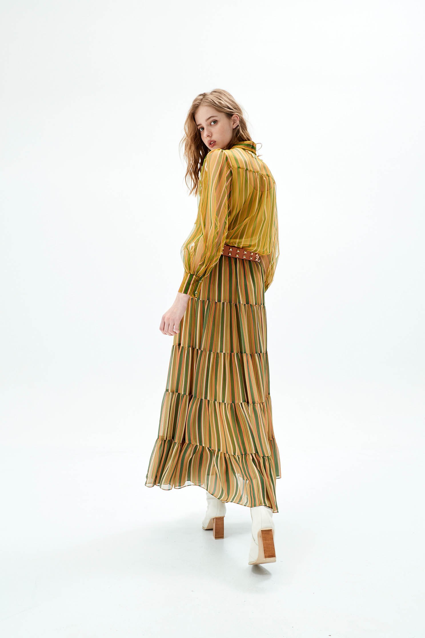 Stripe Print Front Button Ribbon BlouseTulle printed top with sawtooth strips,Tops,Under shirts,Queen,Stripe,Season (AW) Look,Mesh fabric