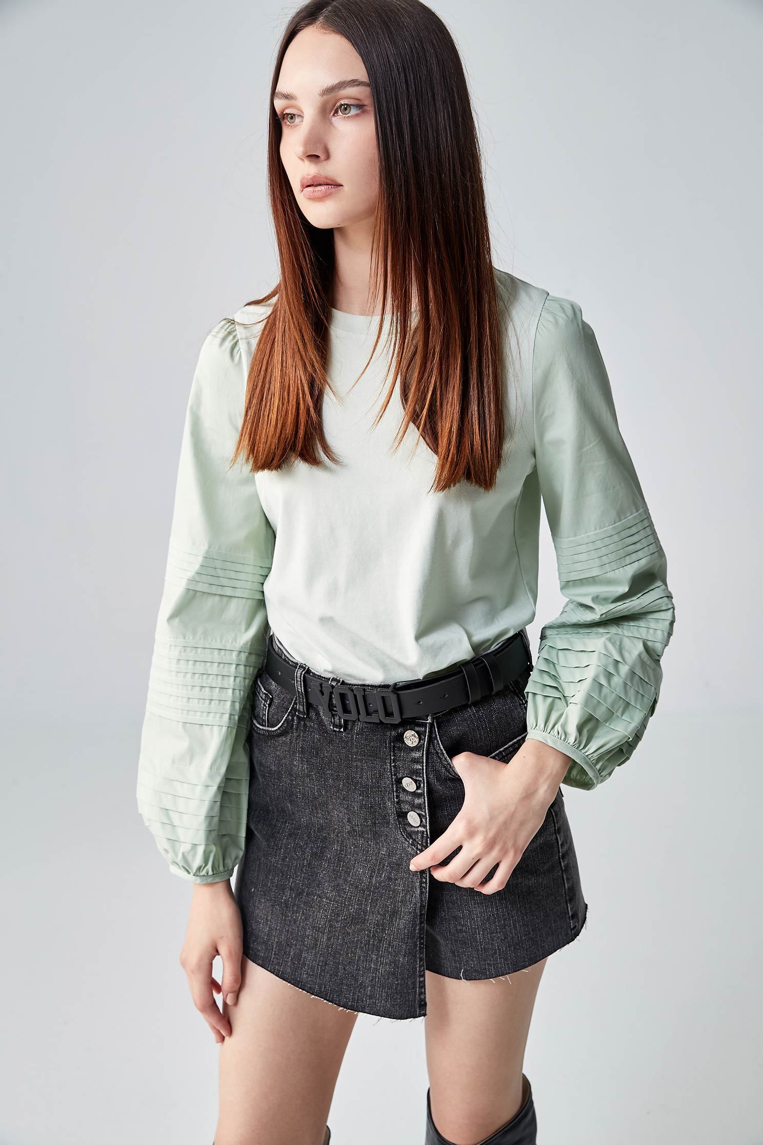 Light Green Top With Pleated Sleeve DetailDarted sleeves top,T-shirts,Tops,Round neck tops,goodlucknewyear,Season (AW) Look,Cotton,comfotism