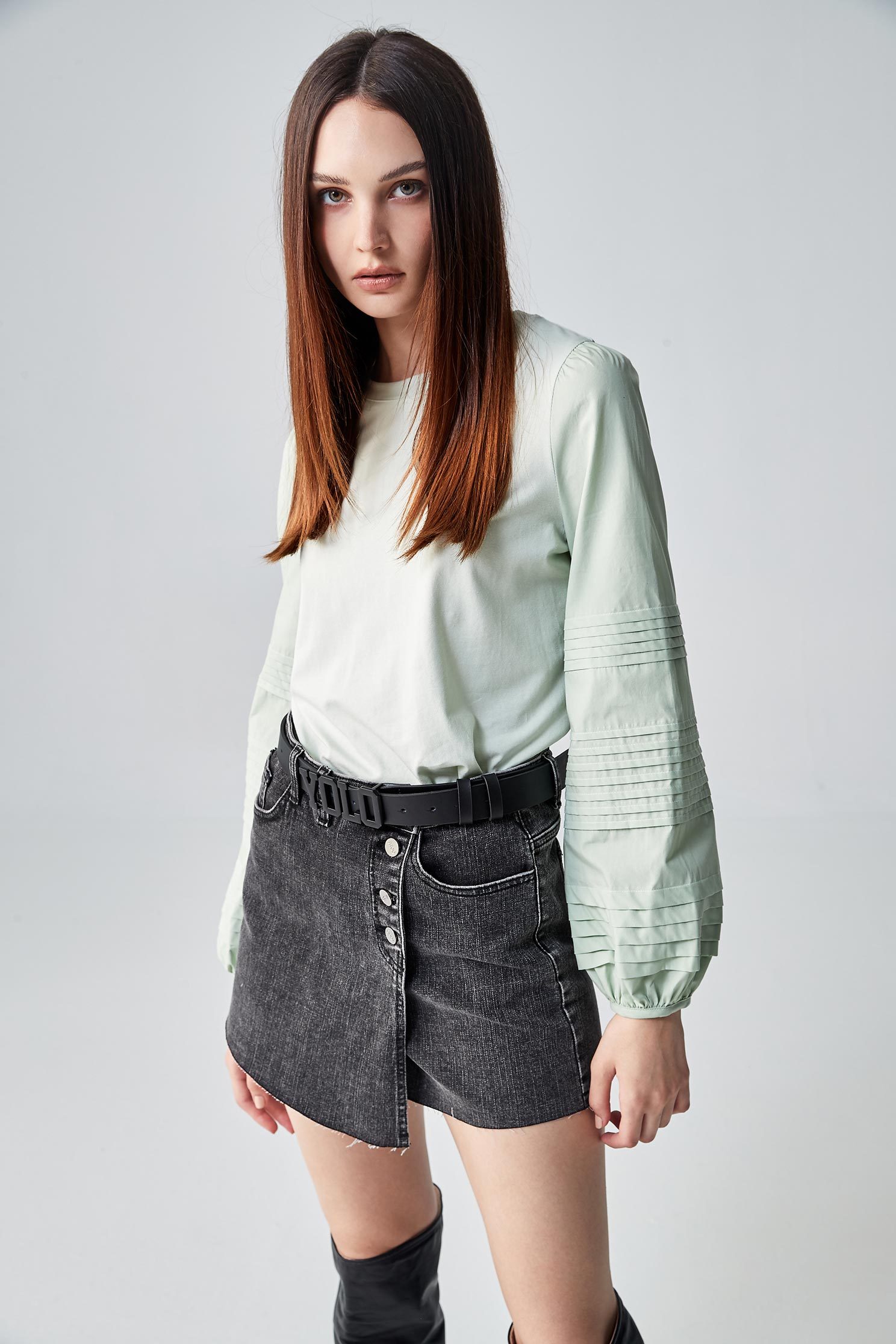 Light Green Top With Pleated Sleeve DetailDarted sleeves top,T-shirts,Tops,Round neck tops,goodlucknewyear,Season (AW) Look,Cotton,comfotism