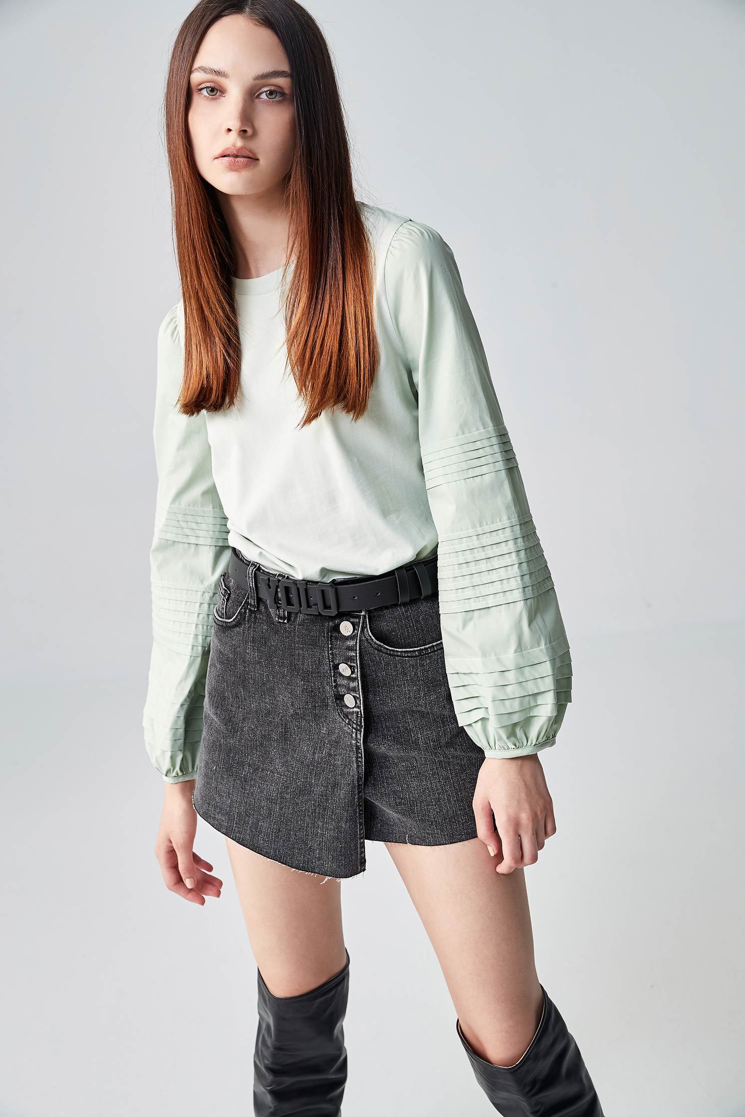 Light Green Top With Pleated Sleeve DetailDarted sleeves top,T-shirts,Tops,Round neck tops,goodlucknewyear,Season (AW) Look,Cotton,comfotism