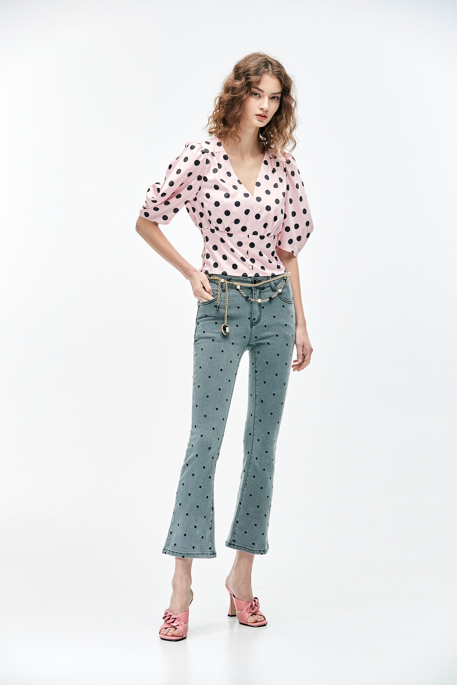 Black Polka Dot V-Neck TopLustrous top with dotted print,Tops,Season (SS) Look