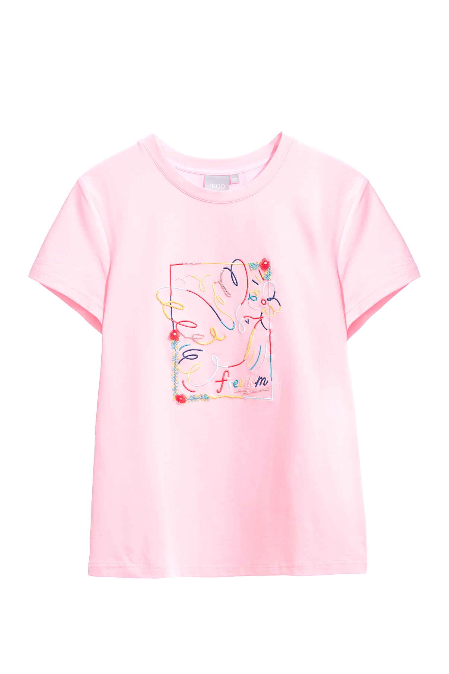 Front Embroidery Pink Tee With 3D Floral DetailT-shirt top with dove of peace embroidery,T-shirts,T-shirts,Tops,Embroidered,Season (SS) Look