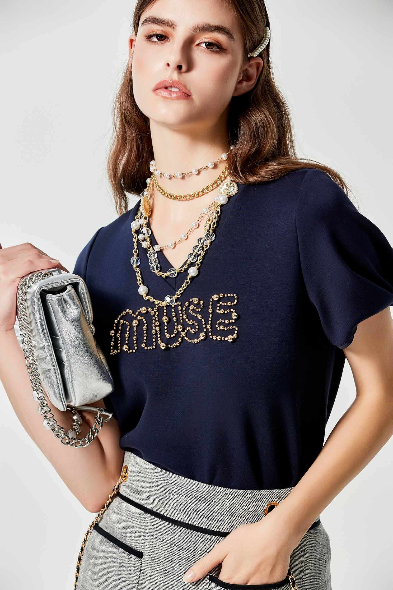 V-neck Beaded Slogan TeeV-neck Beaded Slogan Tee,Tops,Season (SS) Look