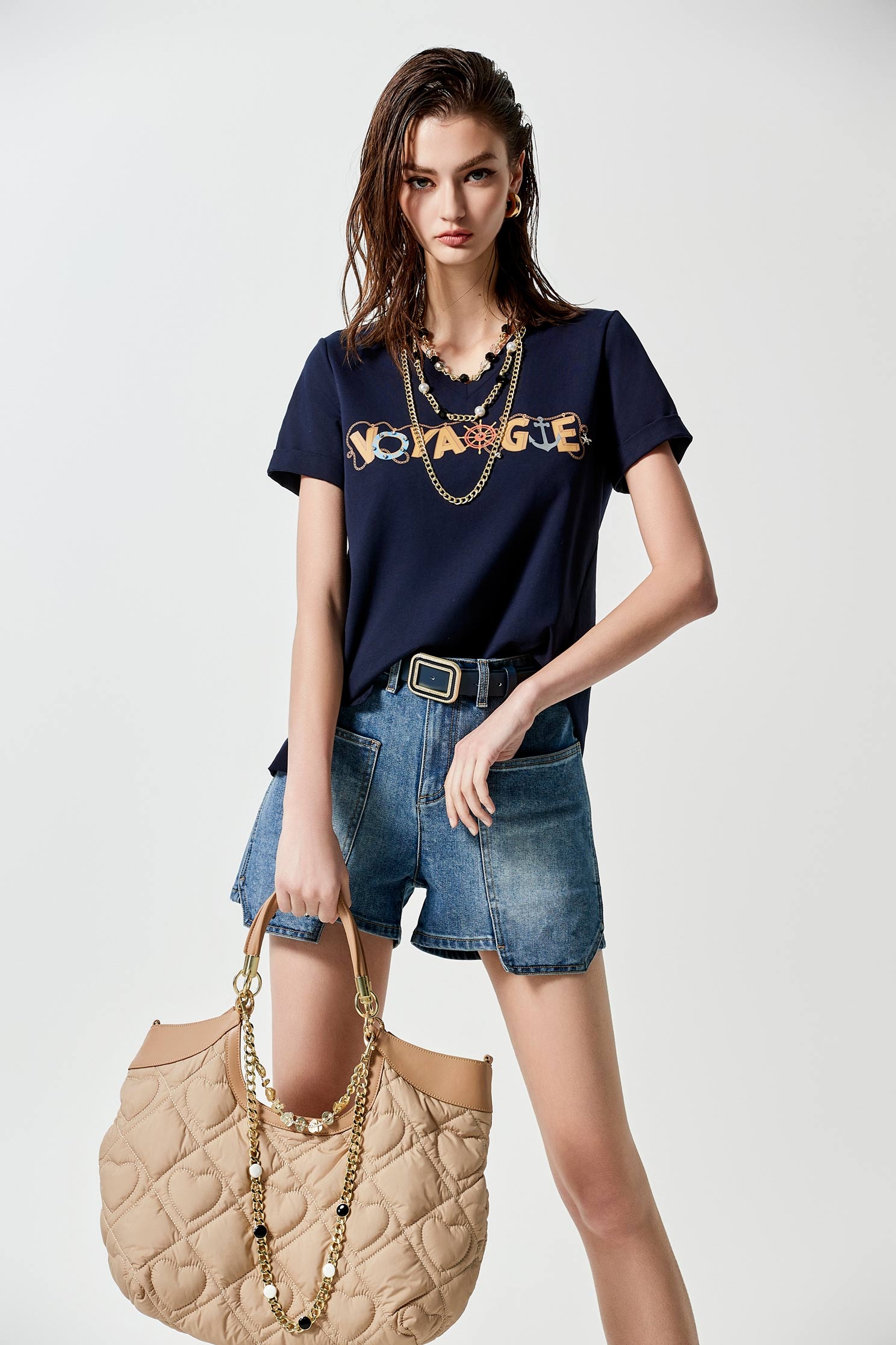 V-neck Front Slogan Navy TeeV-neck Front Slogan Navy Tee,T-shirts,Season (SS) Look,Cotton