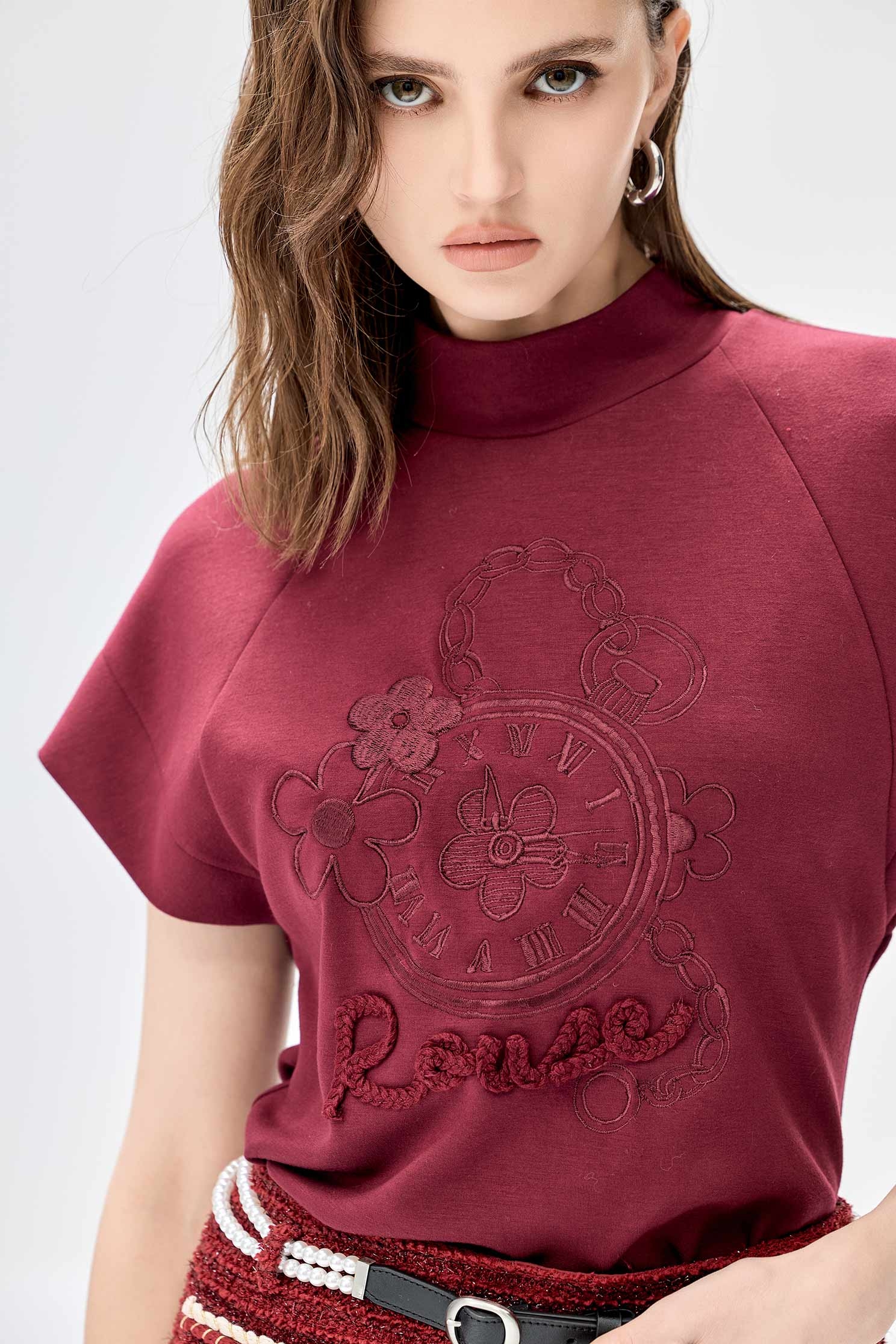 Wine Red Embroidery Logo TeeWine Red Embroidery Logo Tee,Tops,Embroidered,Season (SS) Look,Embroidered tops