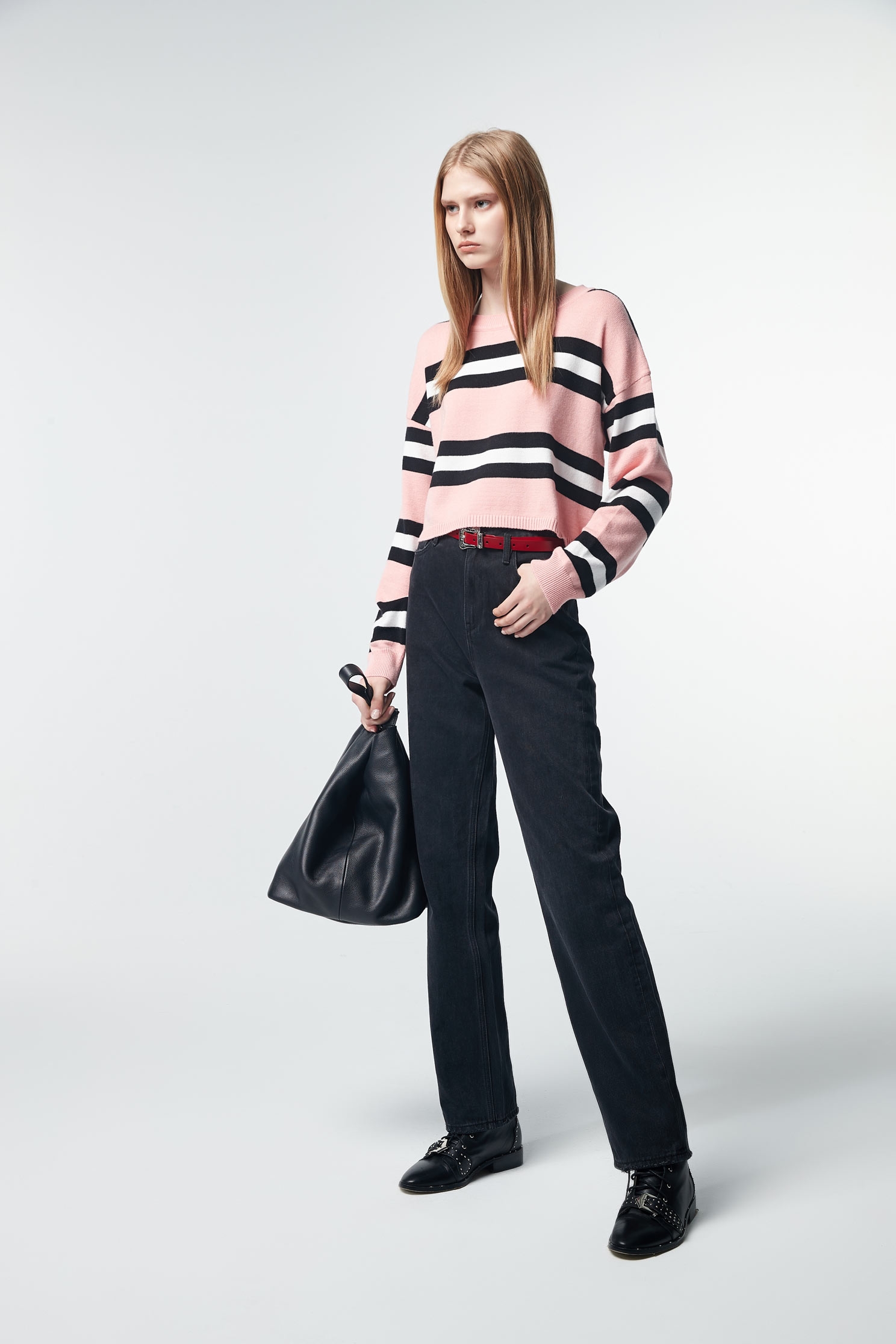 Contrast Stripe Knit TopRound-necked striped long-sleeved knit sweater,Tops,Round neck tops,Rayon,Season (SS) Look,Stripe,Season (AW) Look,Pink,Knitted,Knitted tops,Knitted tops,Long sleeve tops