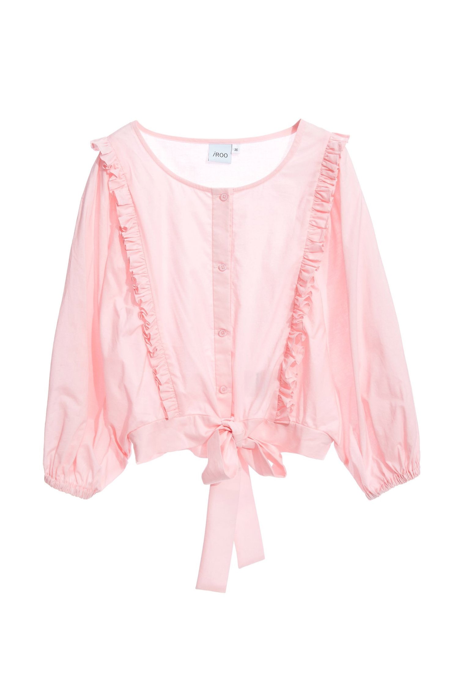 Front Knot Ruffle Trim TopRuffled top with bow,Tops,Queen,healing colors,Season (AW) Look,Pink,Cotton,Blouses,Long sleeve tops,Travel with BFF