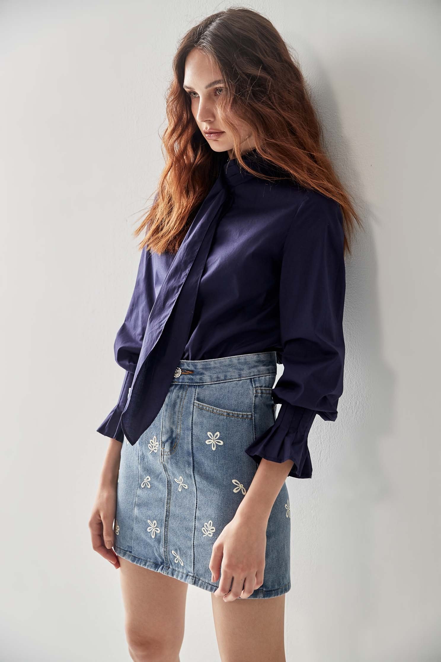 Scarf Collar Navy BlouseShirt with ruffled cuffs,Tops,Round neck tops,Queen,Season (AW) Look,Blouses