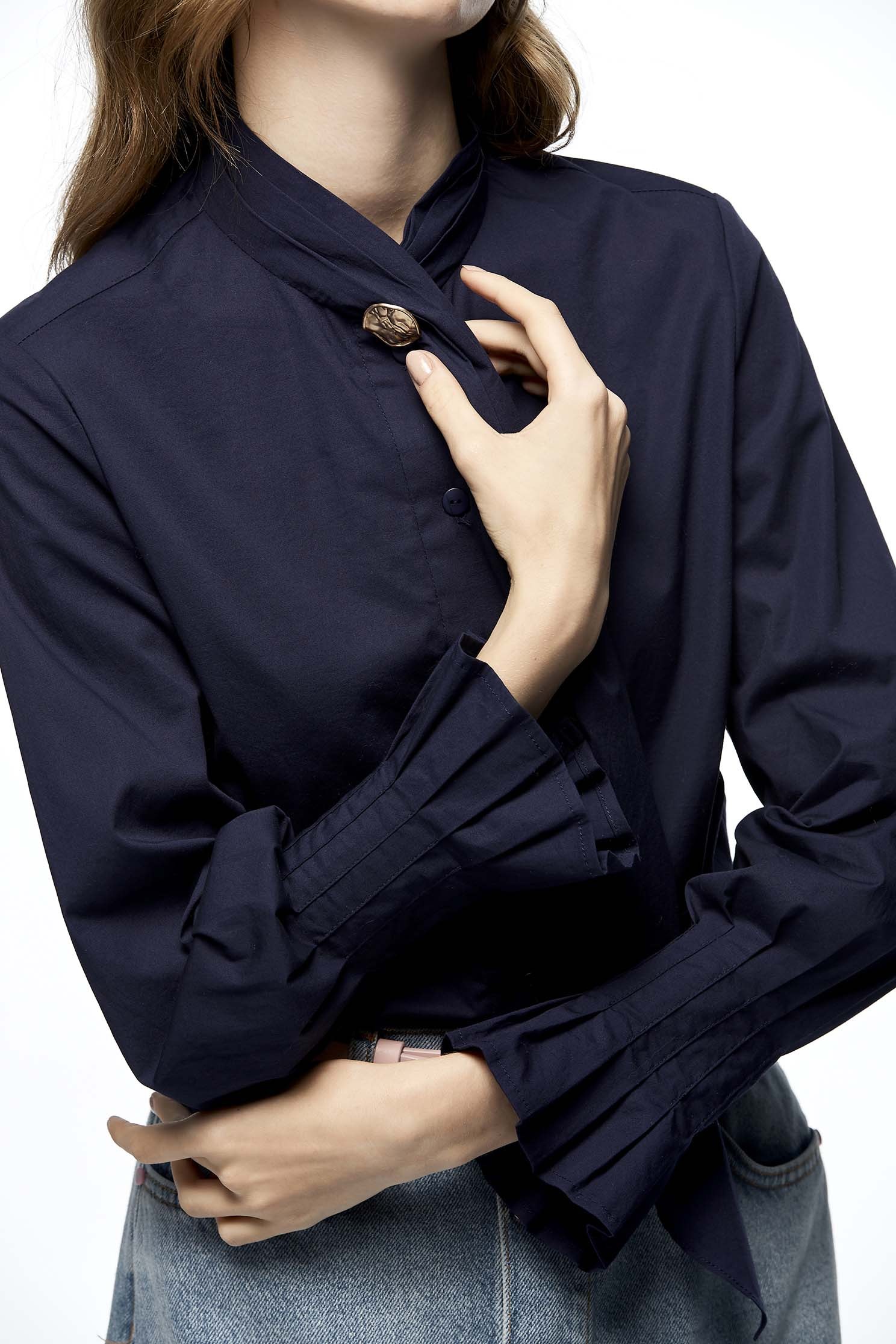 Scarf Collar Navy BlouseShirt with ruffled cuffs,Tops,Round neck tops,Queen,Season (AW) Look,Blouses