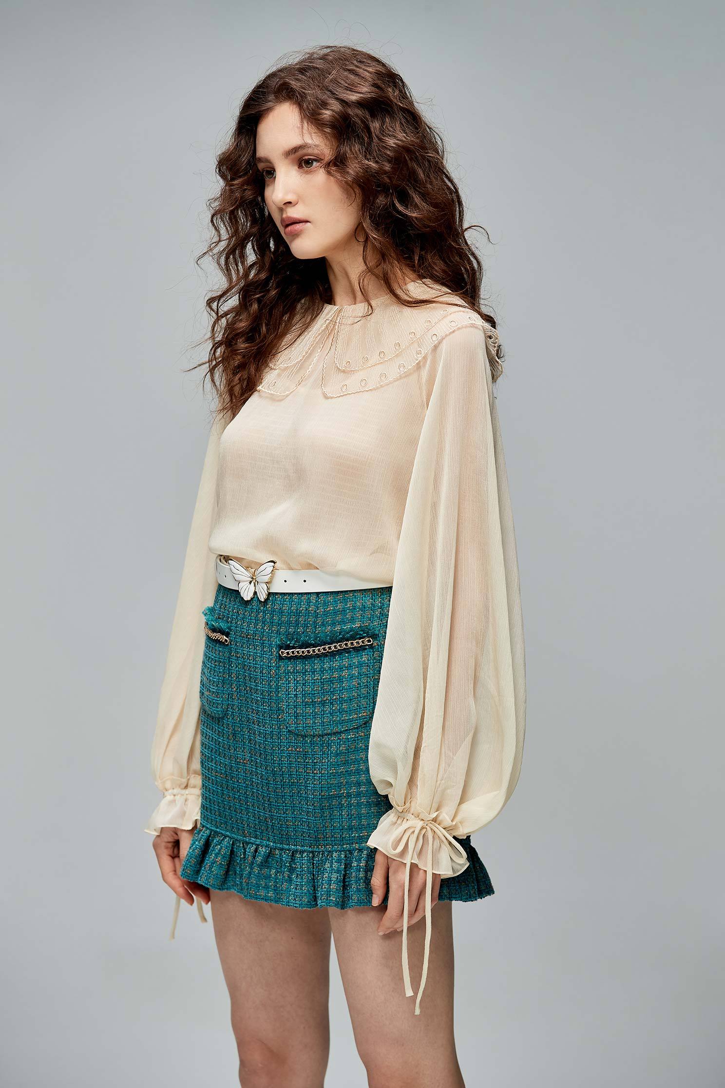 Chiffon Top With Lace Bertha CollarTop with cutwork embroidery,Tops,Under shirts,Embroidered,Season (AW) Look,Chiffon