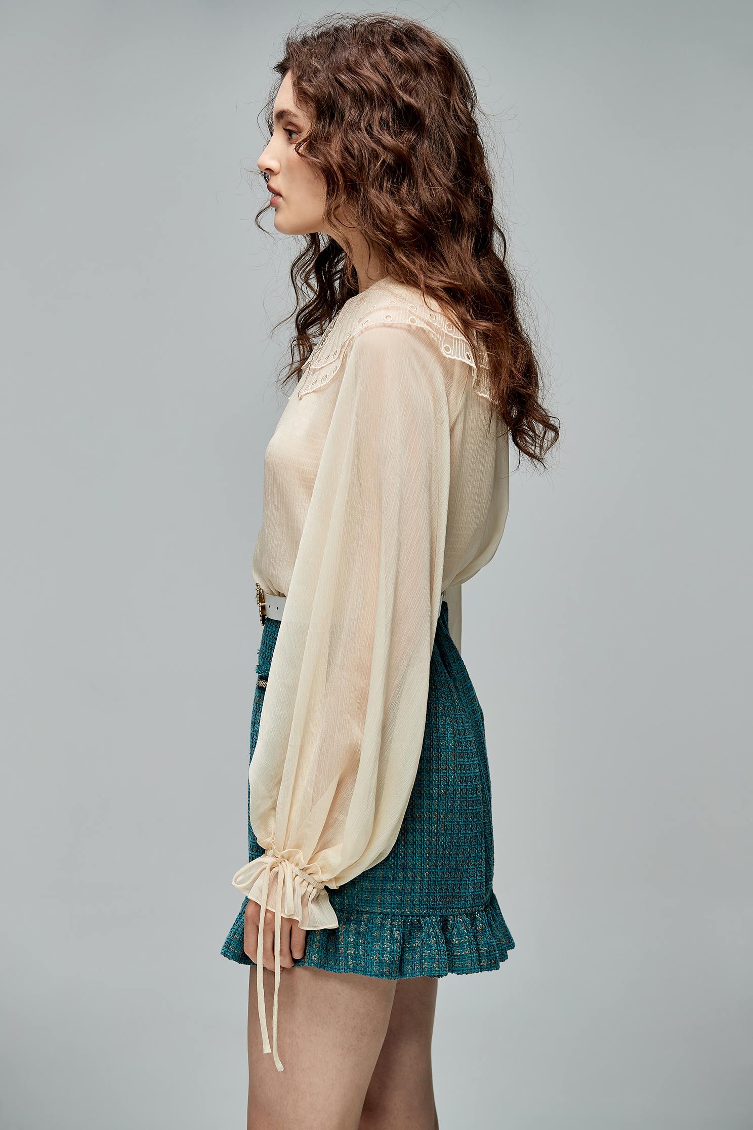 Chiffon Top With Lace Bertha CollarTop with cutwork embroidery,Tops,Under shirts,Embroidered,Season (AW) Look,Chiffon