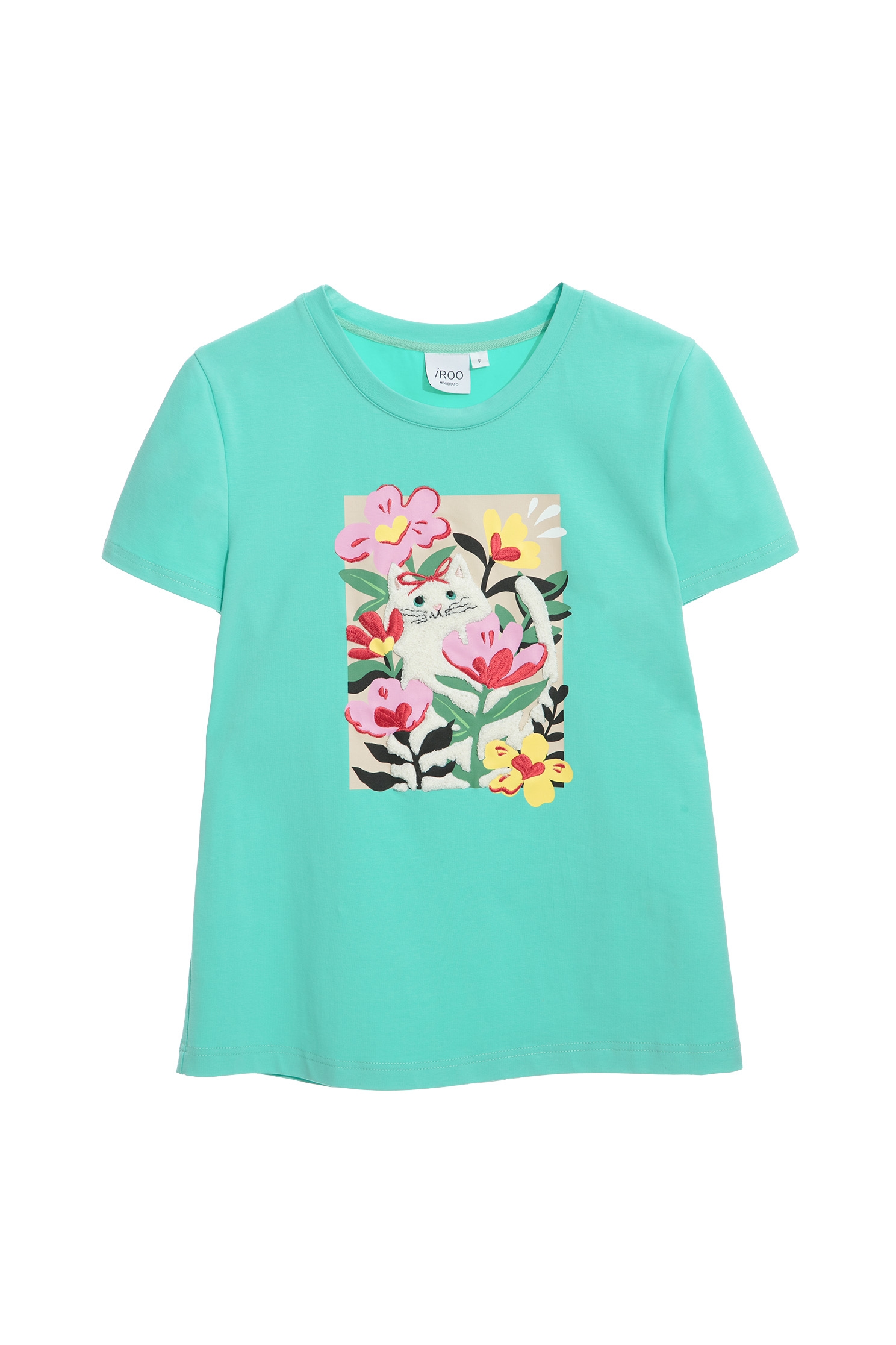 Cat Graphic Green TeeT-shirt top with cat embroidery,T-shirts,T-shirts,Tops,Embroidered,Season (SS) Look,bows