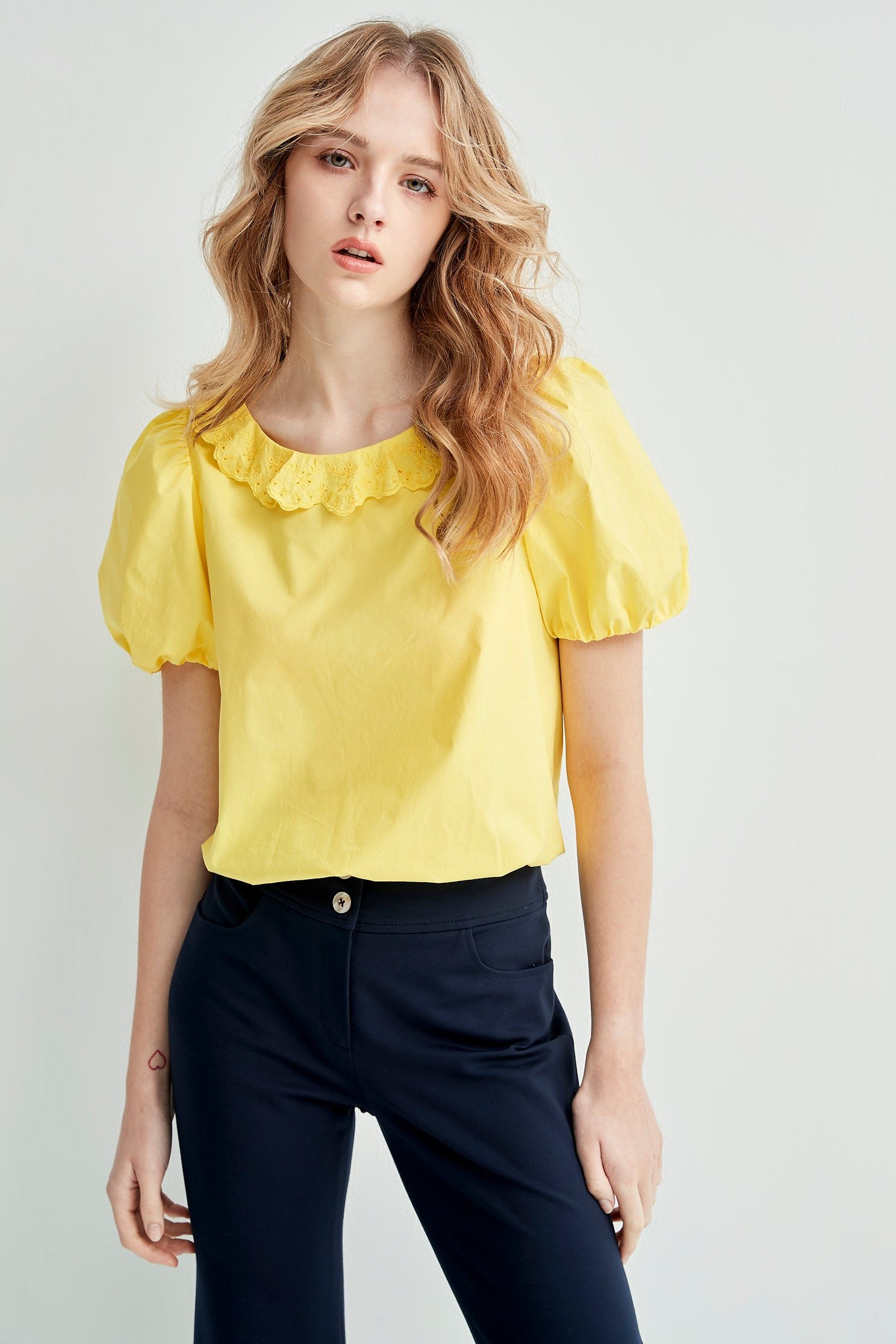 Puff Sleeve Yellow Top With Ruffle Trim DetailFreesia color loose-fitting cropped top,Tops,Embroidered,Season (SS) Look,Cropped tops,Cotton