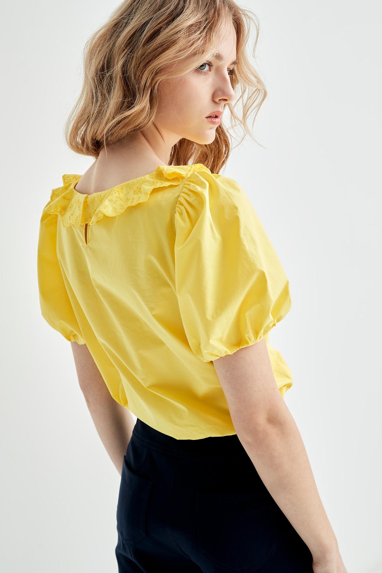 Puff Sleeve Yellow Top With Ruffle Trim DetailFreesia color loose-fitting cropped top,Tops,Embroidered,Season (SS) Look,Cropped tops,Cotton