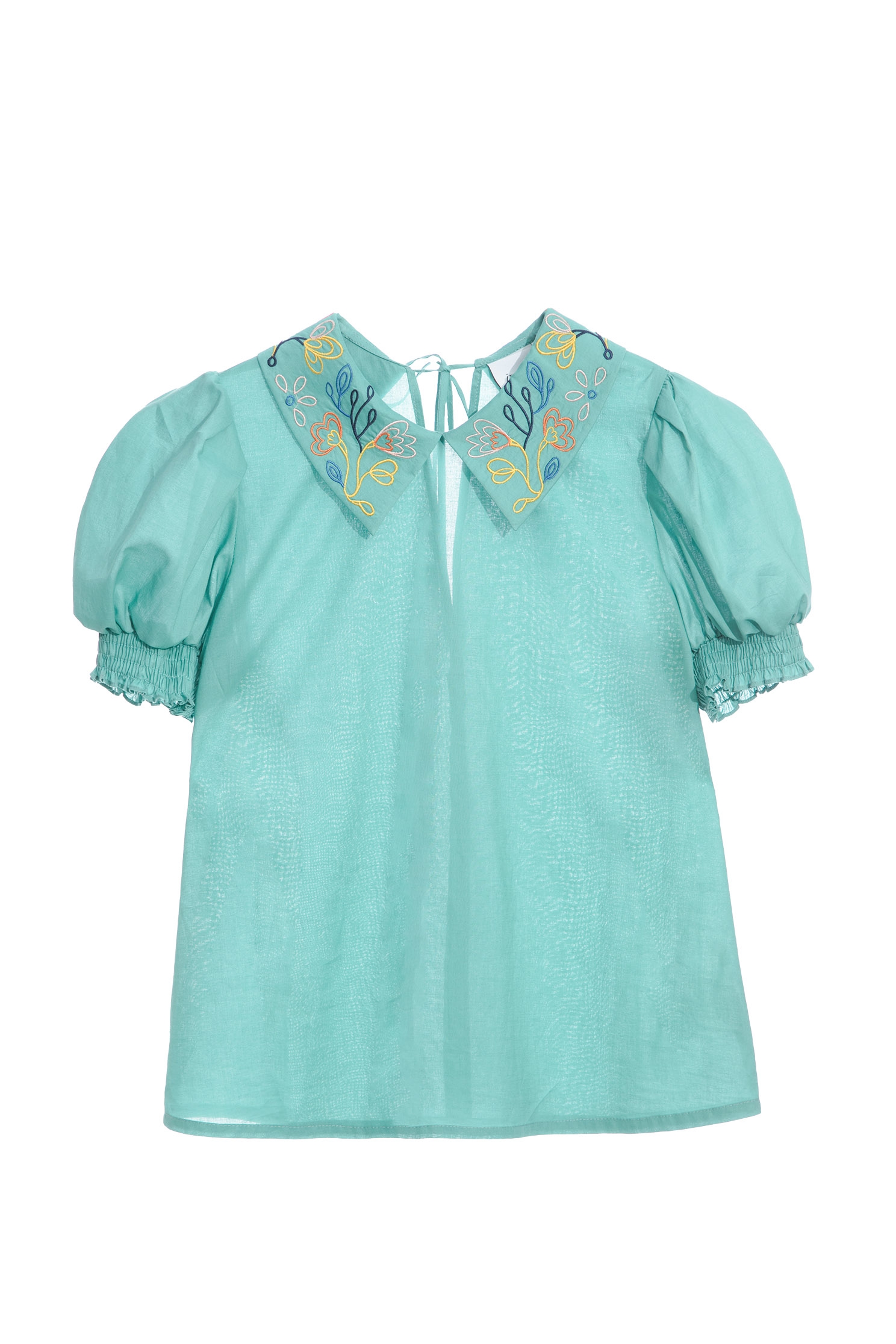 Puff Sleeve Embroidered Collar TopCopper green top with embroidered collar,Tops,Embroidered,Season (SS) Look