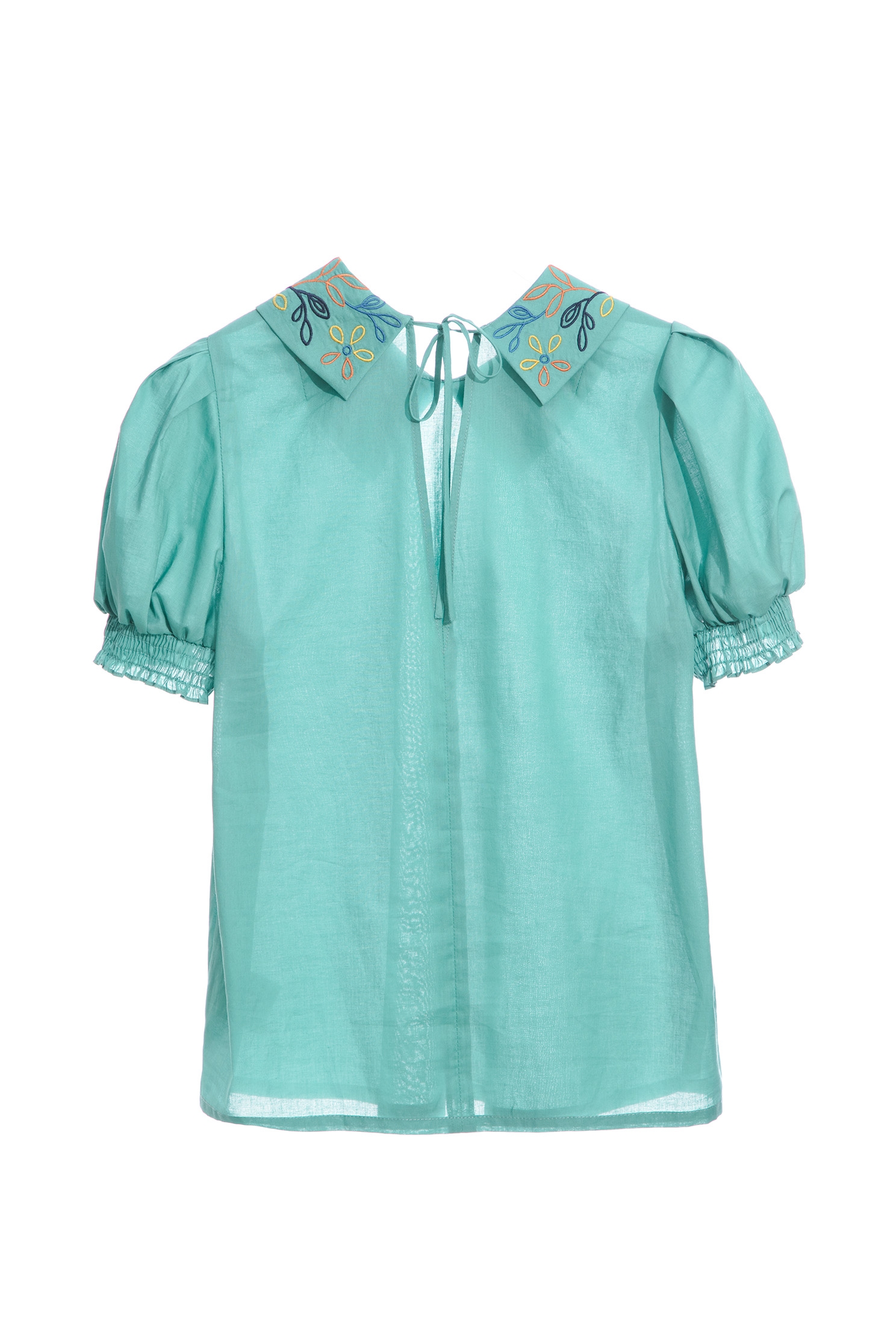 Puff Sleeve Embroidered Collar TopCopper green top with embroidered collar,Tops,Embroidered,Season (SS) Look