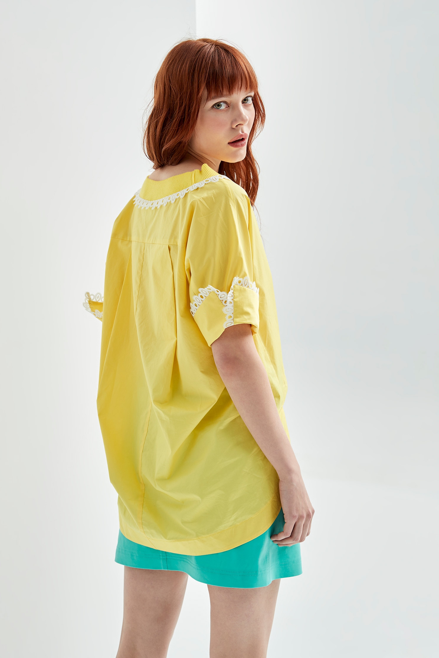 V-Neck Yellow Top With Lace Trim DetailFreesia color long top,Tops,Season (SS) Look,Lace,Long tops