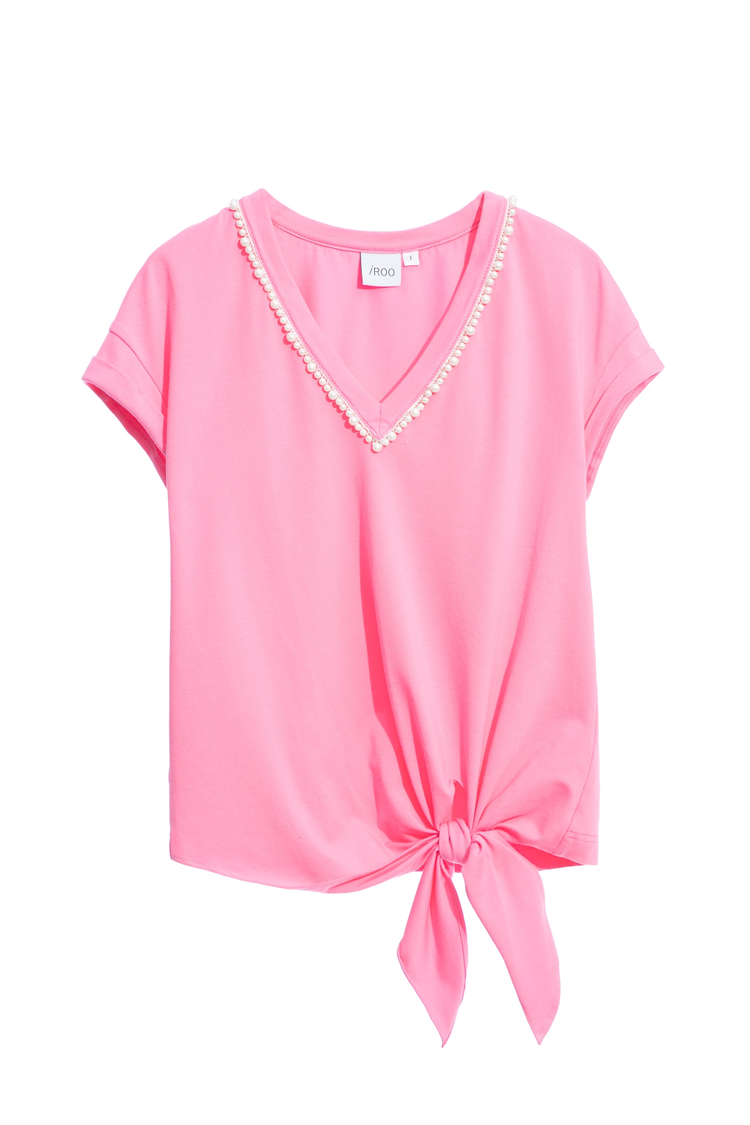 V-neck Front Knot Pink Tee With Pearl DetailT-shirt top with pearl collar,T-shirts,T-shirts,Tops,Season (SS) Look,pearl