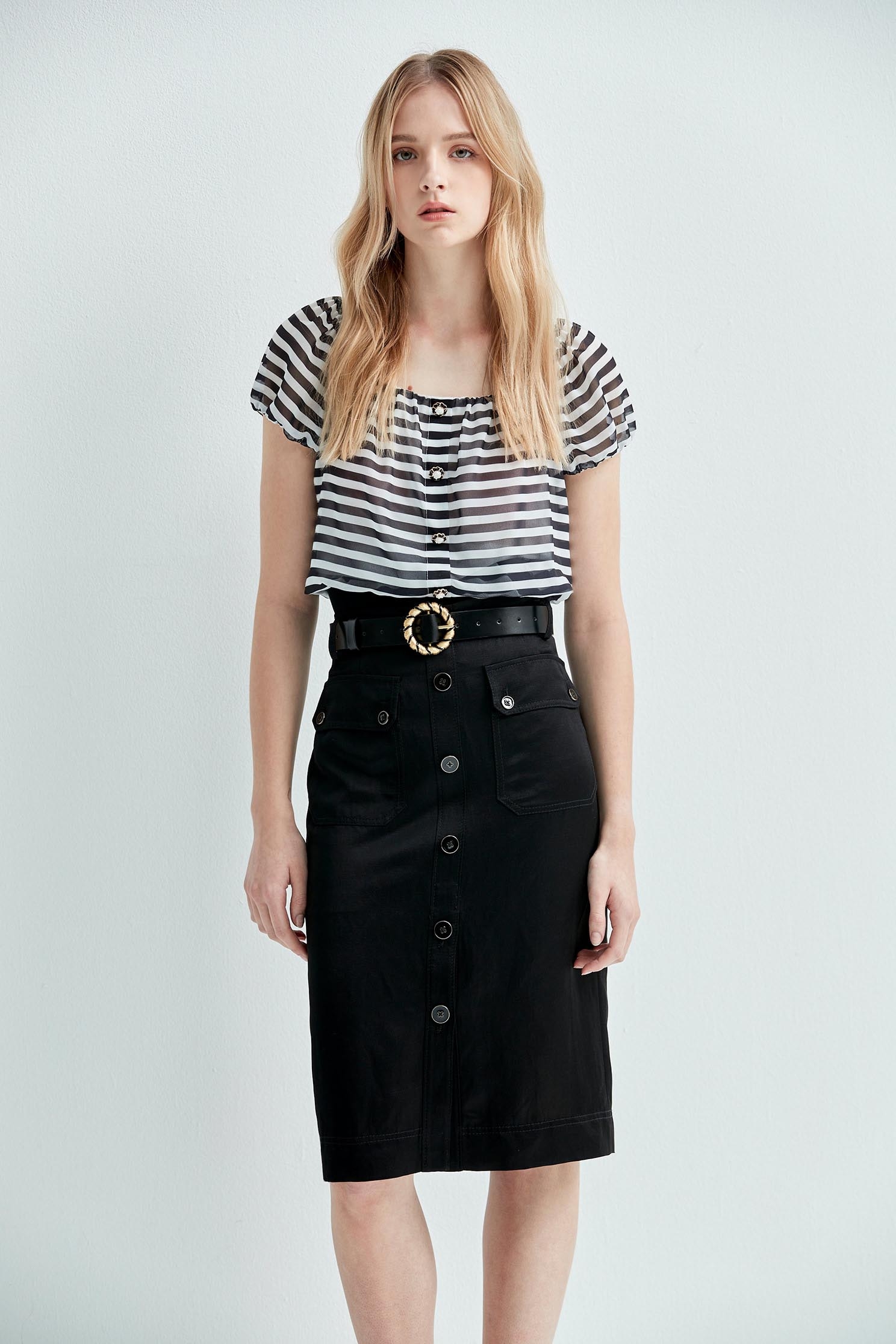 Short Sleeve Black Stripe TopChiffon cropped top with stripd design,Tops,Season (SS) Look,Cropped tops,Chiffon