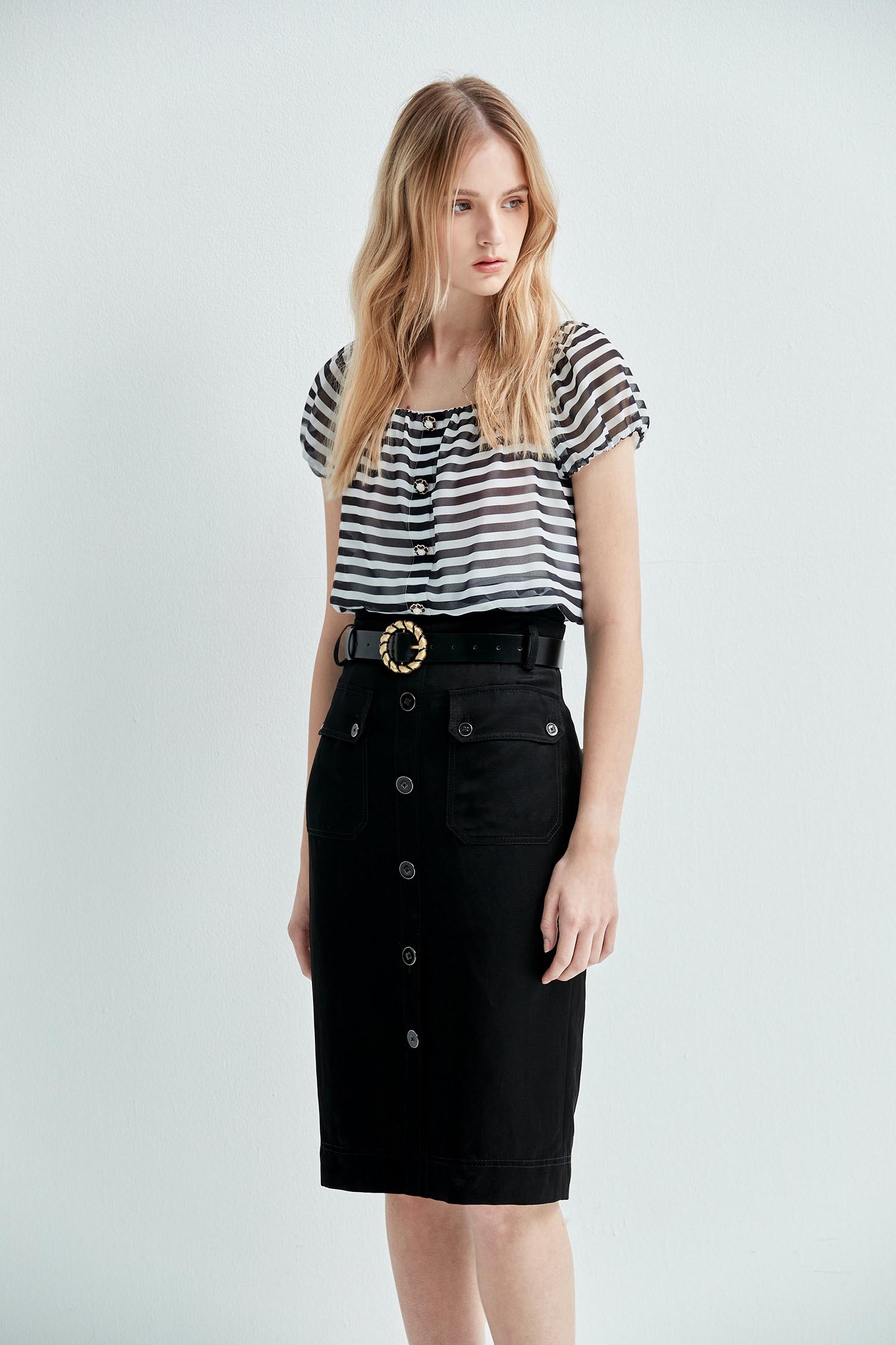 Short Sleeve Black Stripe TopChiffon cropped top with stripd design,Tops,Season (SS) Look,Cropped tops,Chiffon