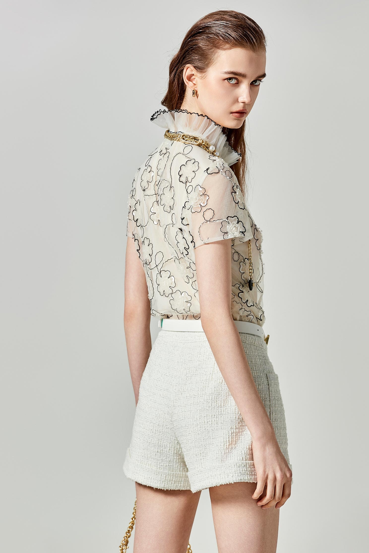 Floral Pattern Sequin Detail Mesh TopFloral Pattern Sequin Detail Mesh Top,Tops,Season (SS) Look,pearl