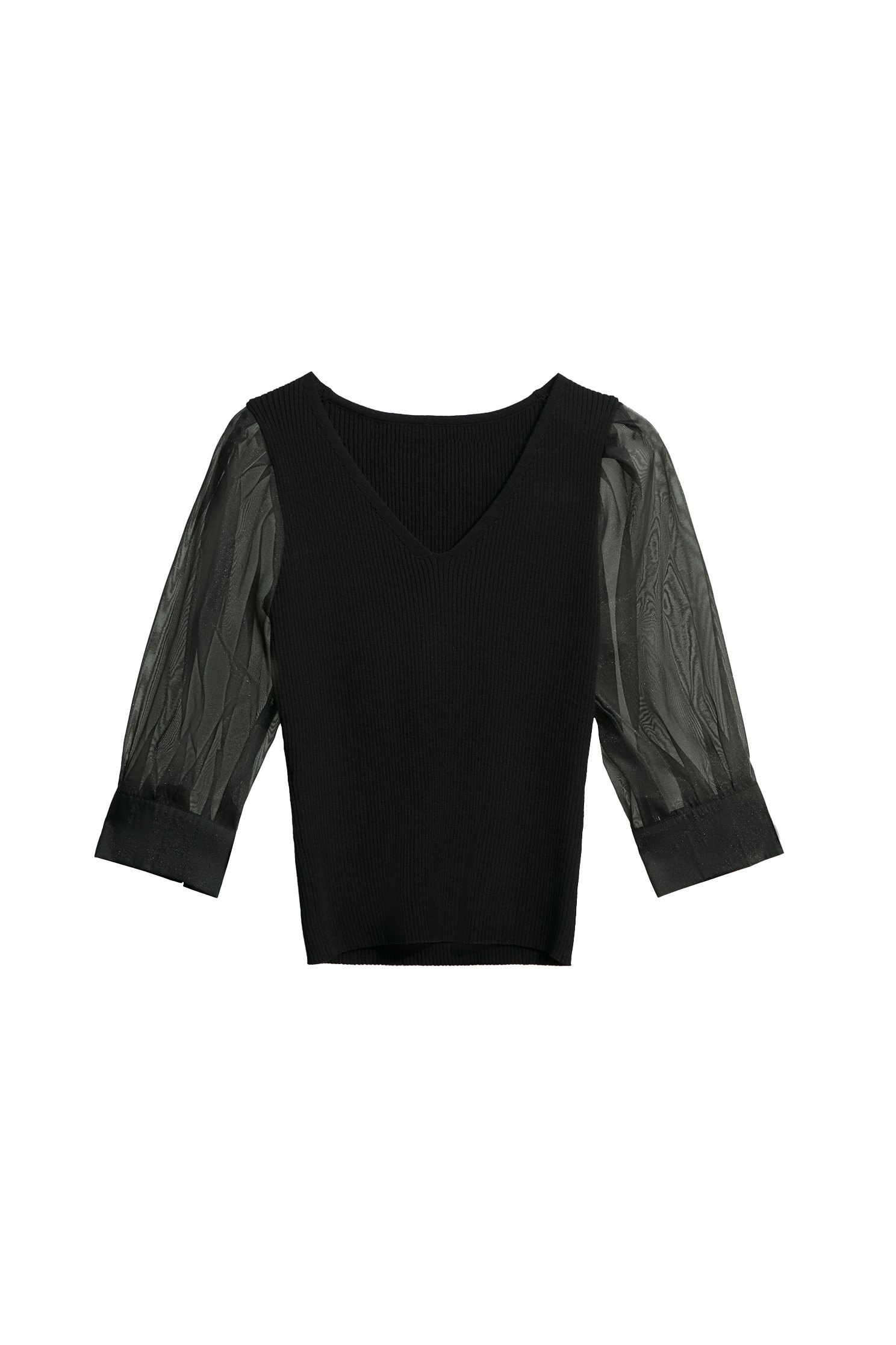 V-neck Knit Top With Organza SleeveV-neck Knit Top With Organza Sleeve,Tops,Season (SS) Look,Knitted