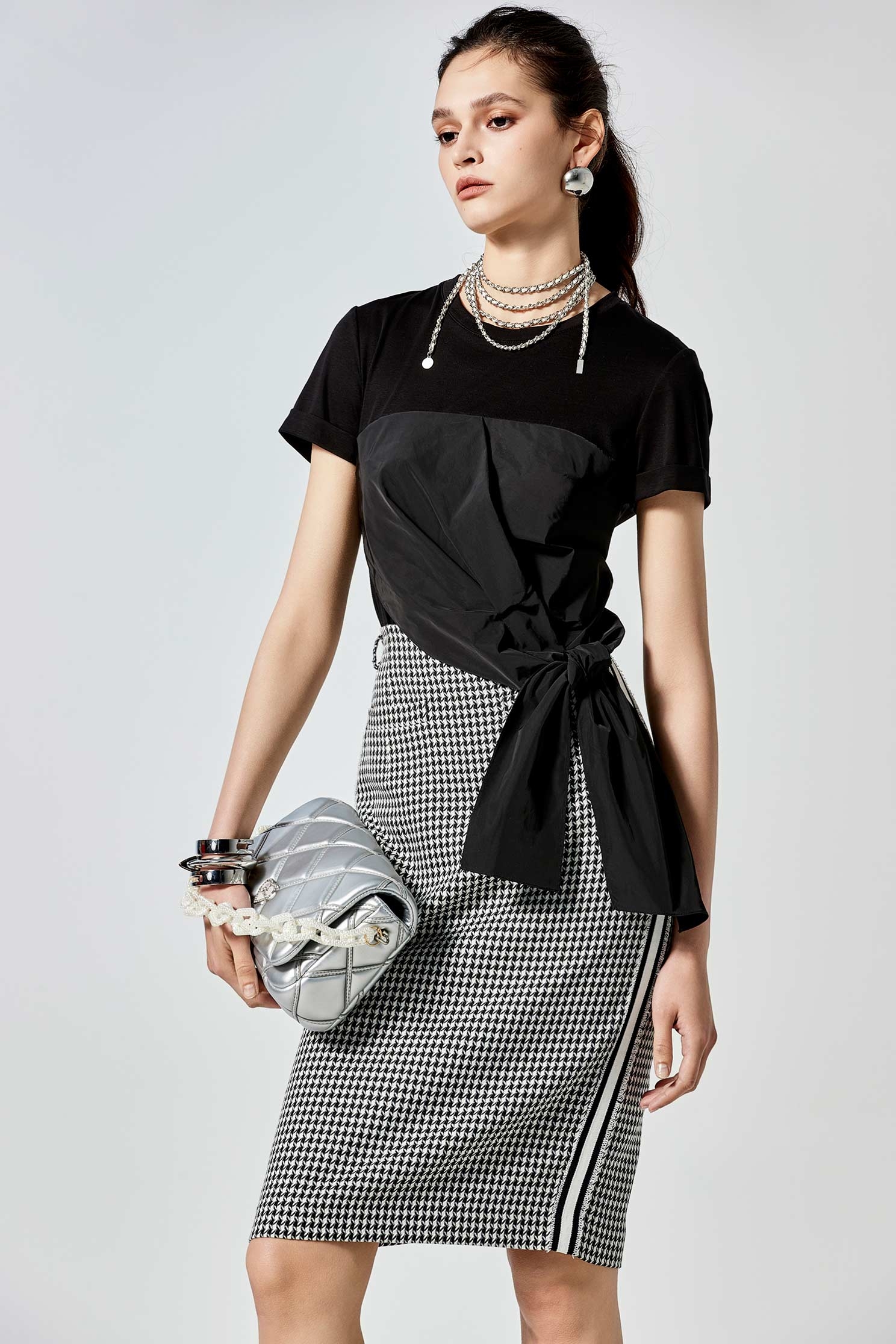 Side Knot Short Sleeve Taffeta Mix TeeSide Knot Short Sleeve Taffeta Mix Tee,Tops,Season (SS) Look