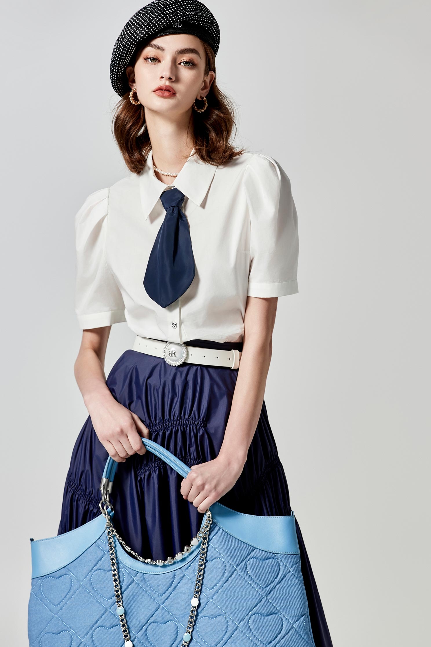 Classic Collar Short Sleeve Blouse With Detachable NecktieClassic Collar Short Sleeve Blouse With Detachable Necktie,Tops,Season (SS) Look,Blouses