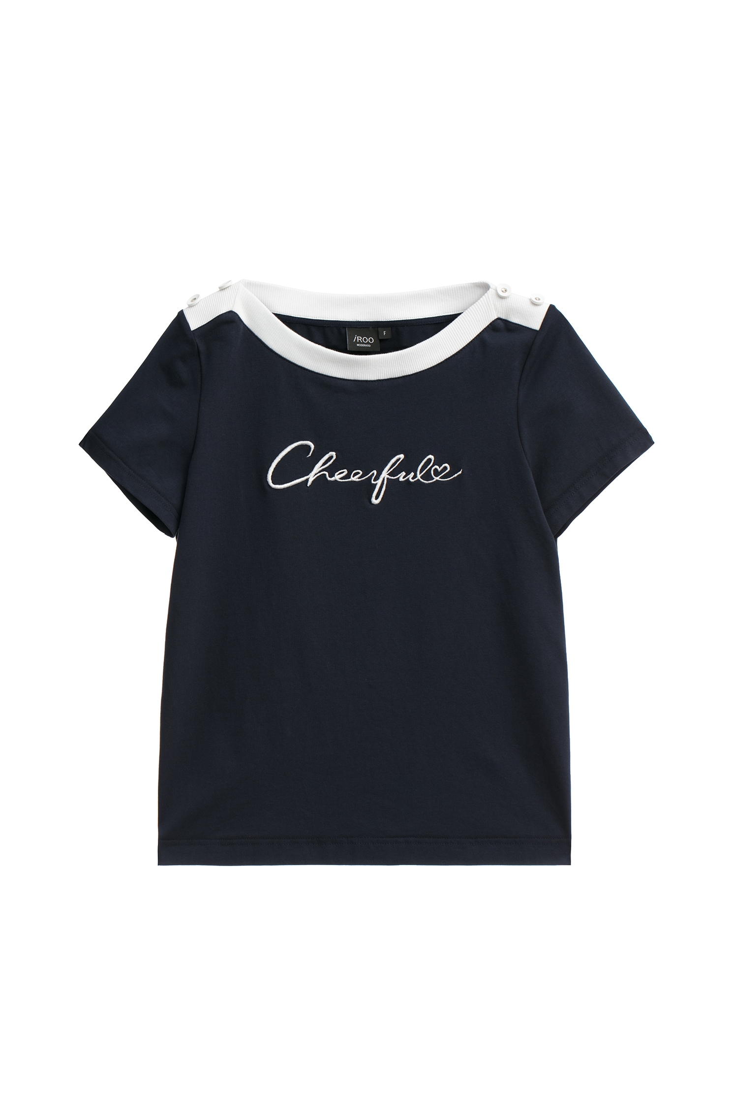 Front Slogan Navy Tee With Contrast TrimFront Slogan Navy Tee With Contrast Trim,T-shirts,Season (SS) Look,Cotton,Embroidered